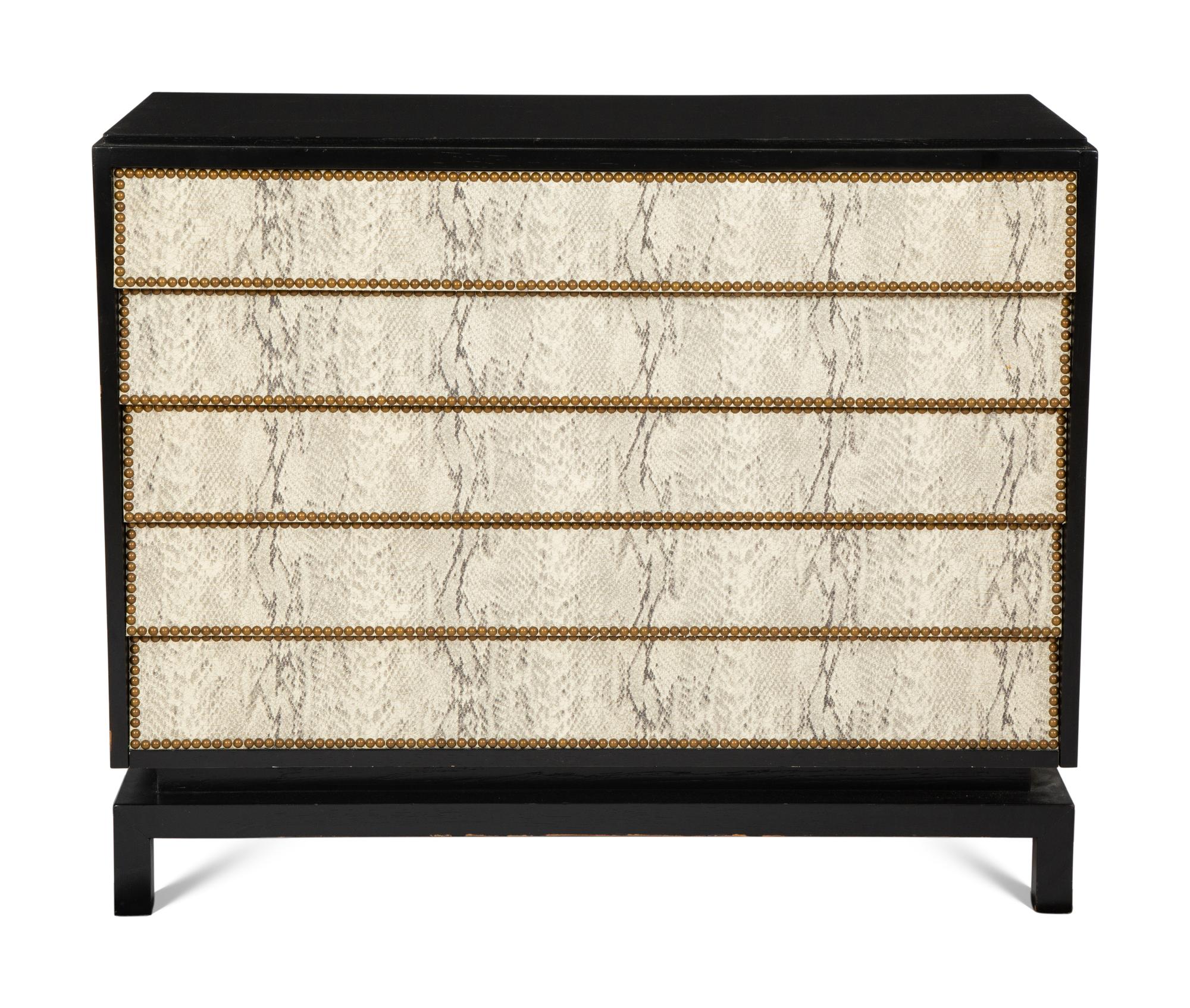 A Pair of Custom Black Painted Chests of Drawers with Faux-Python Veneered Drawer Fronts