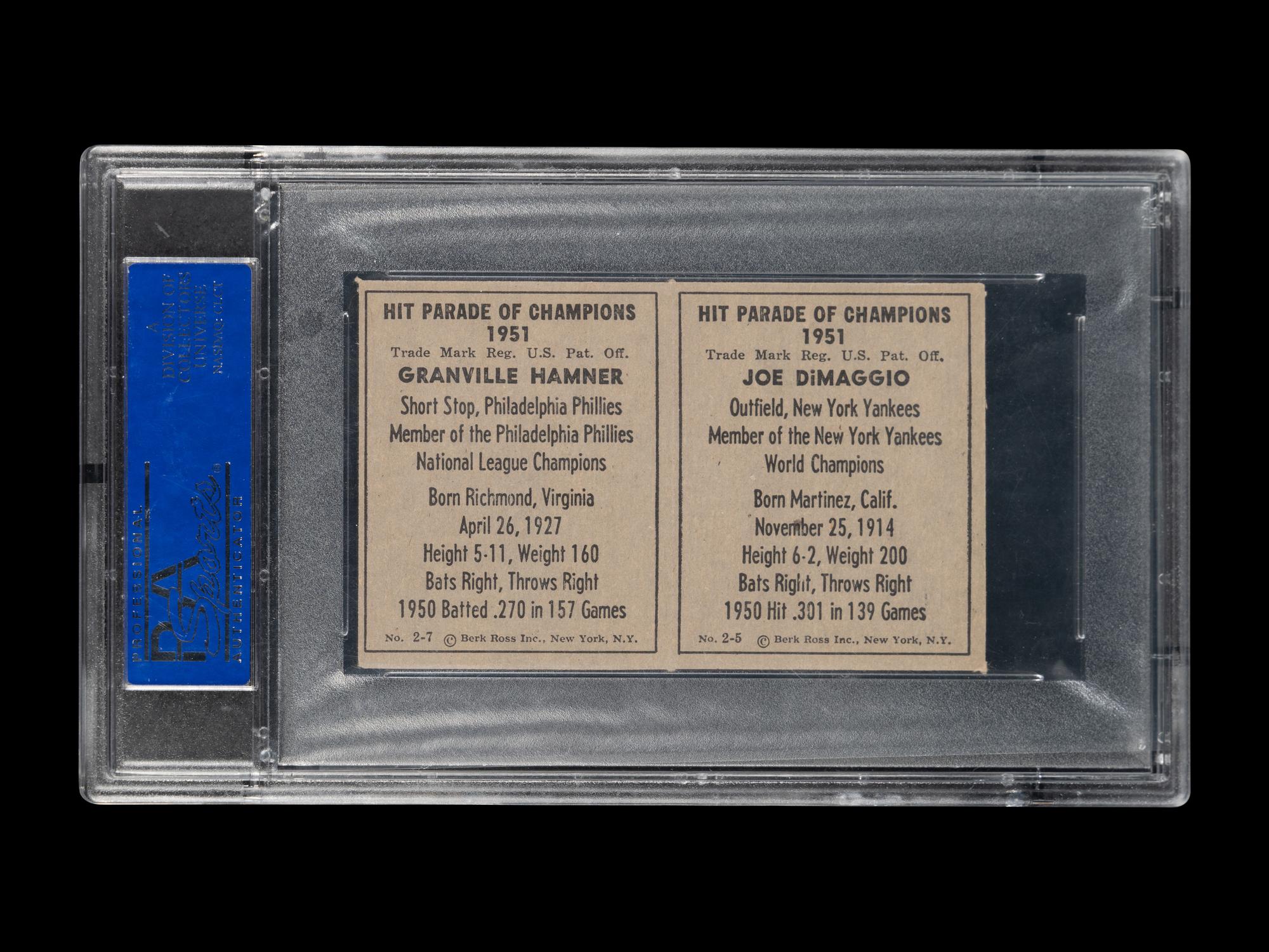 A 1951 Berk Ross Doubles Joe DiMaggio / Granville Hamner Panel Baseball Card (PSA 7 NM)