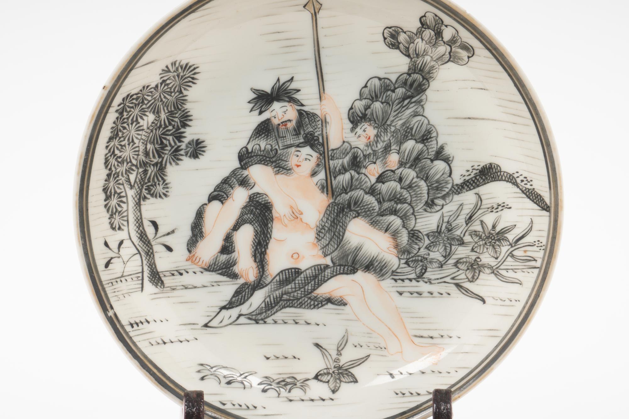 A Chinese Export 'Jesuit' En Grisaille Porcelain Teacup and Saucer