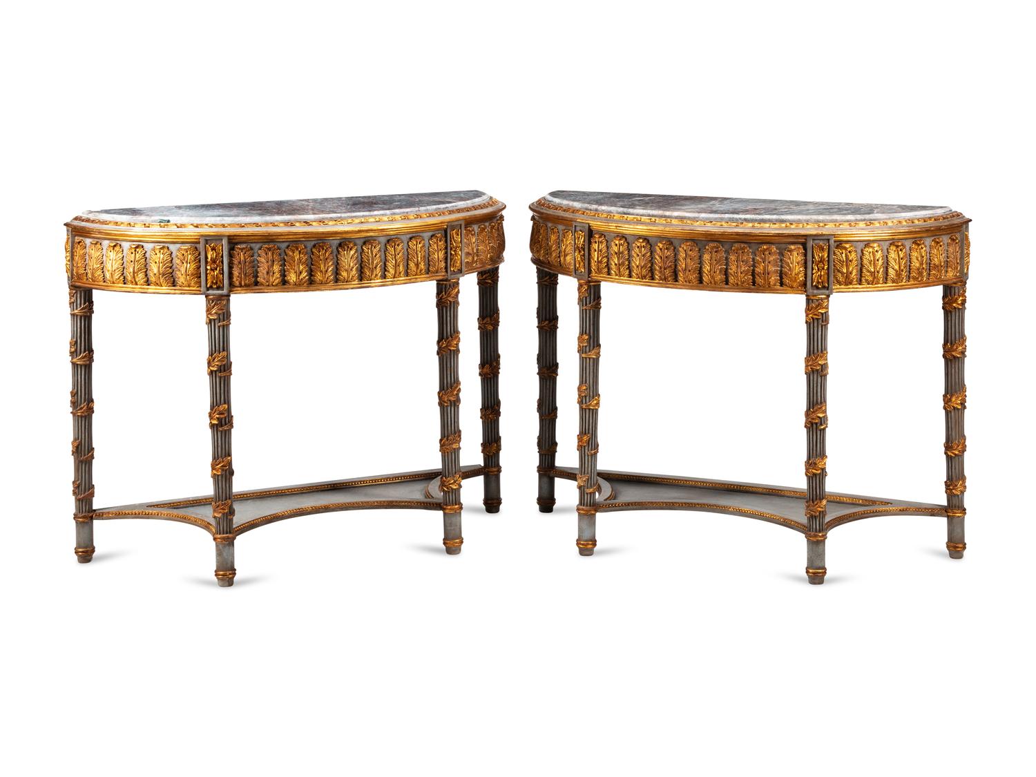 A Pair of Louis XVI Style Gray-Painted and Parcel Gilt Marble-Top Console Tables