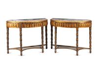 A Pair of Louis XVI Style Gray-Painted and Parcel Gilt Marble-Top Console Tables