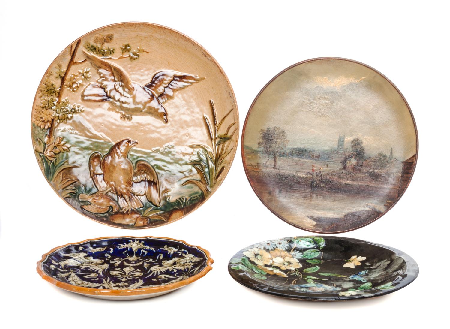 Four Ceramic Chargers and Plates Diameter of largest 12 1/2 inches.