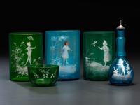 Five 'Mary Gregory' Enameled Glass Barber Items