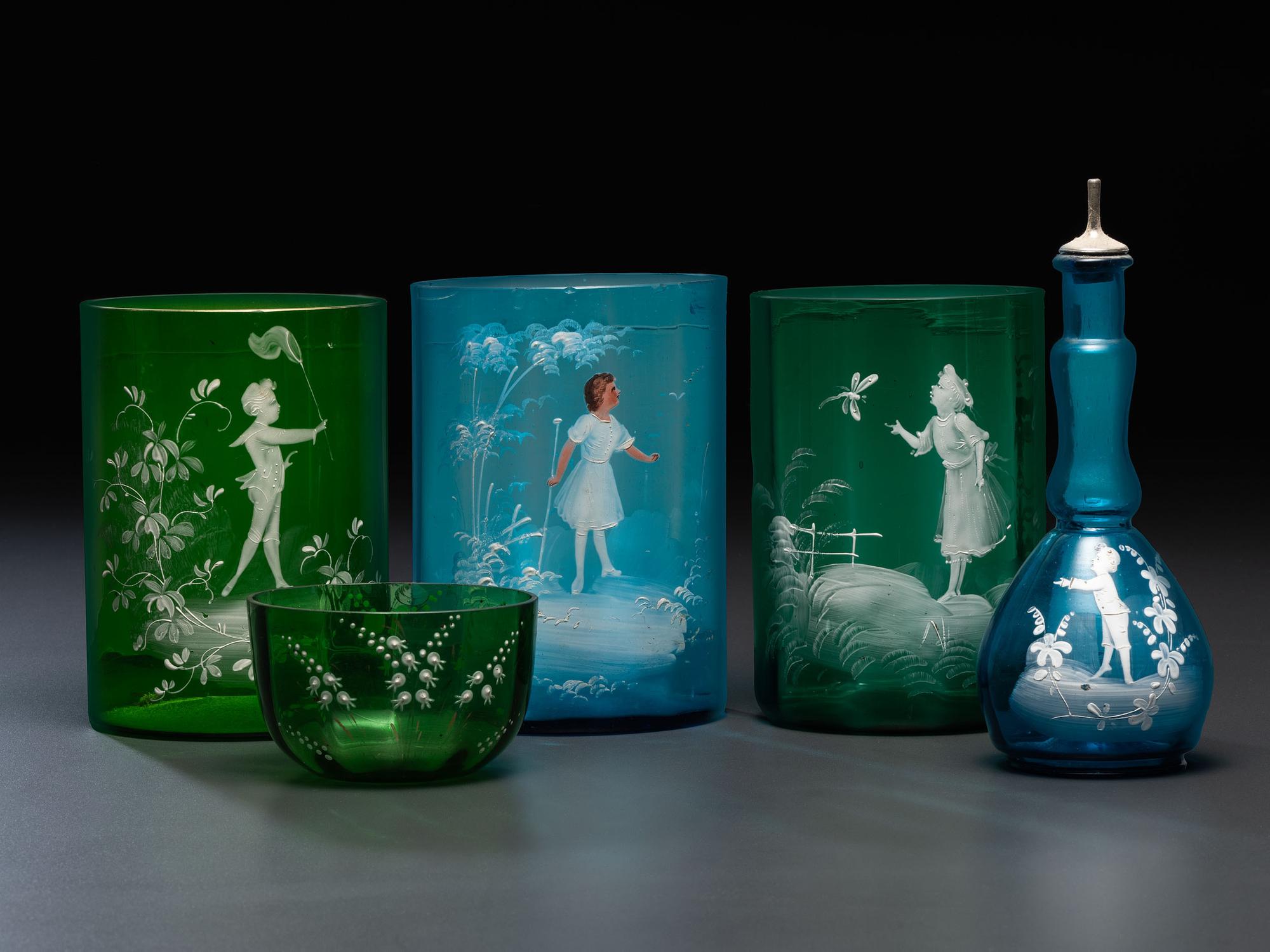 Five 'Mary Gregory' Enameled Glass Barber Items