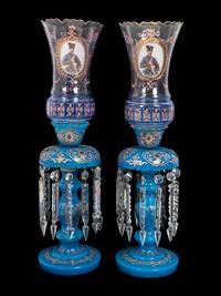 A Pair of Bohemian Enameled Opaline Glass Lusters for the Persian Market