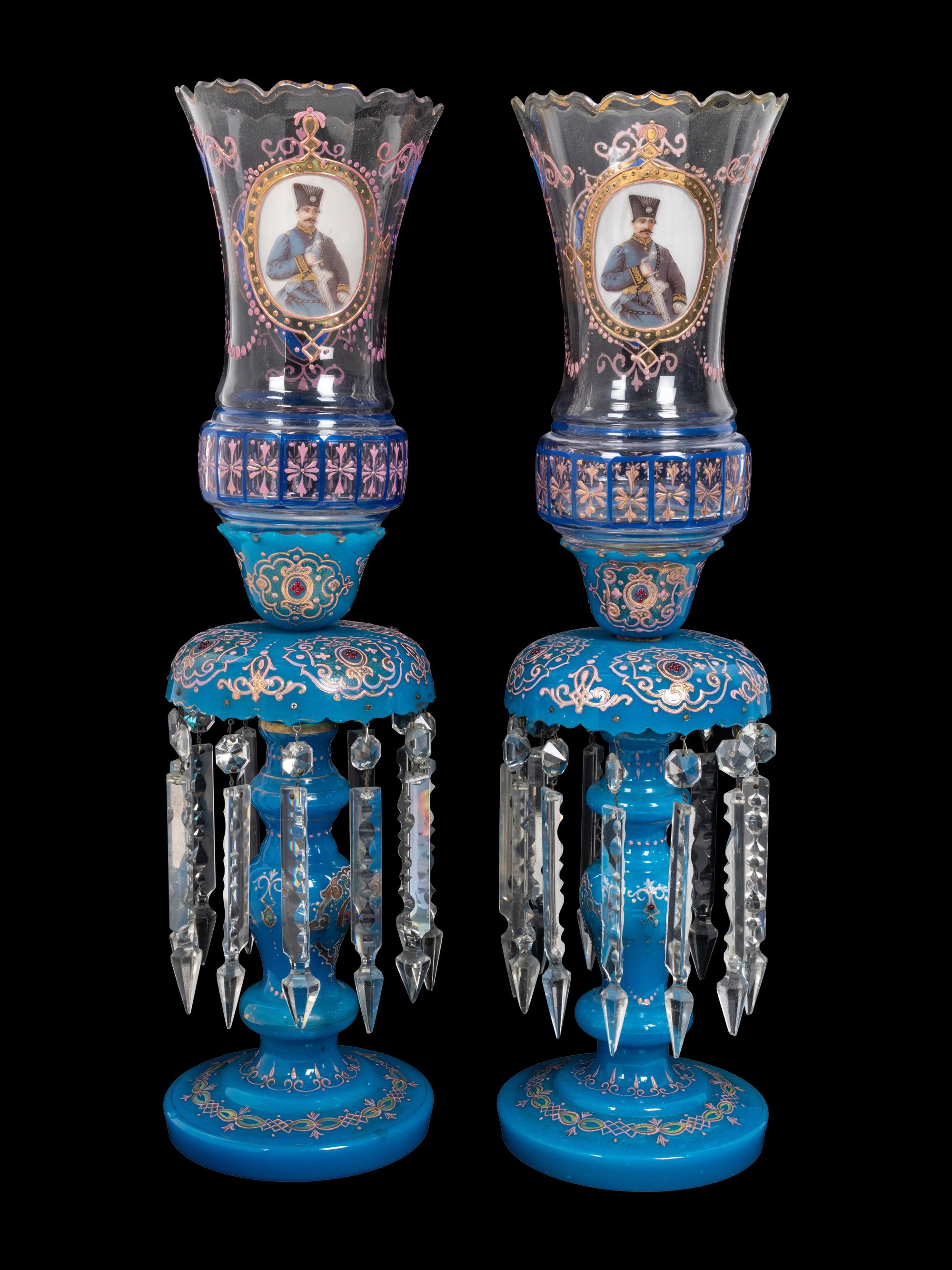 A Pair of Bohemian Enameled Opaline Glass Lusters for the Persian Market
