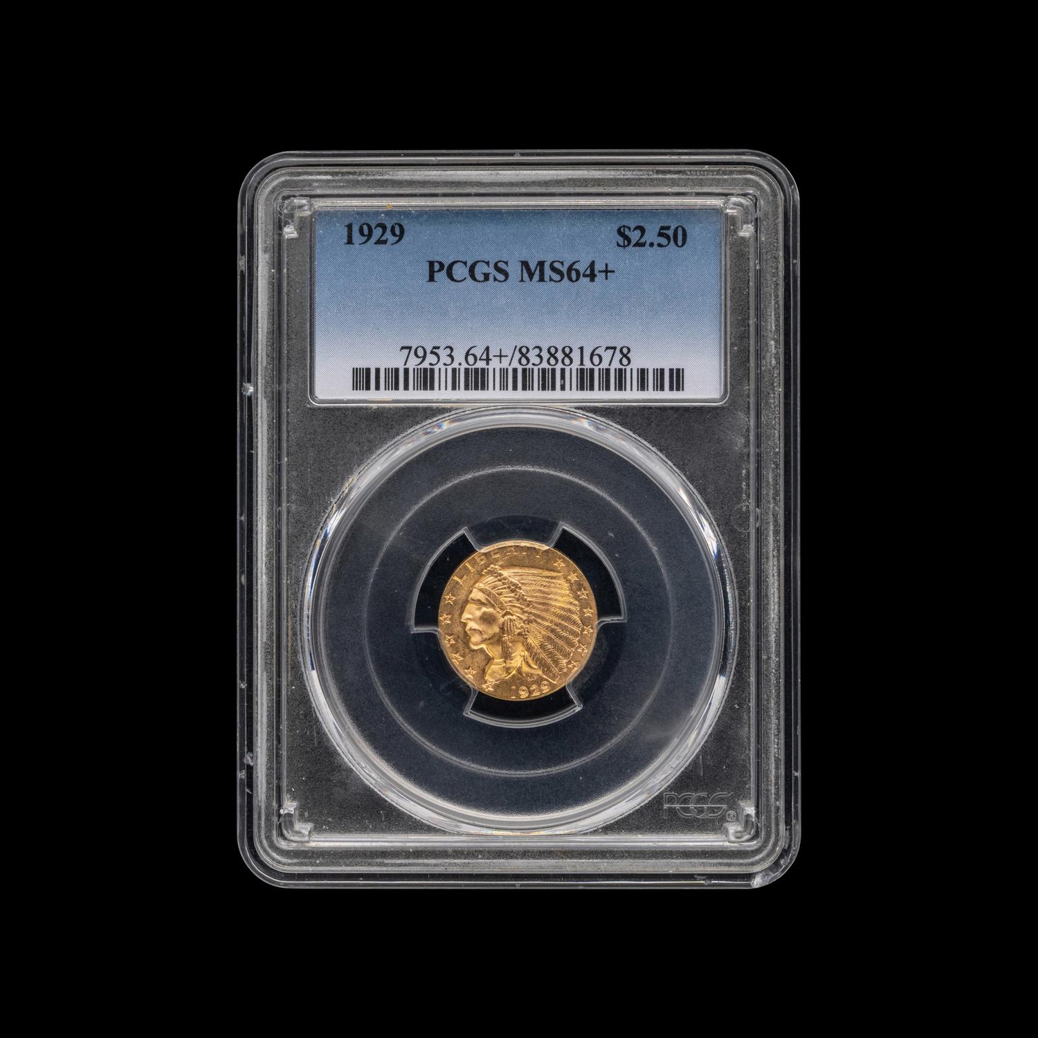 A 1929 Indian Head $2.50 Gold Coin [PCGS MS64+]