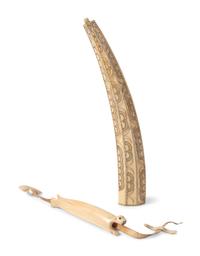 Inupiat Decorated Walrus Ivory Pipe and Sewing Kit