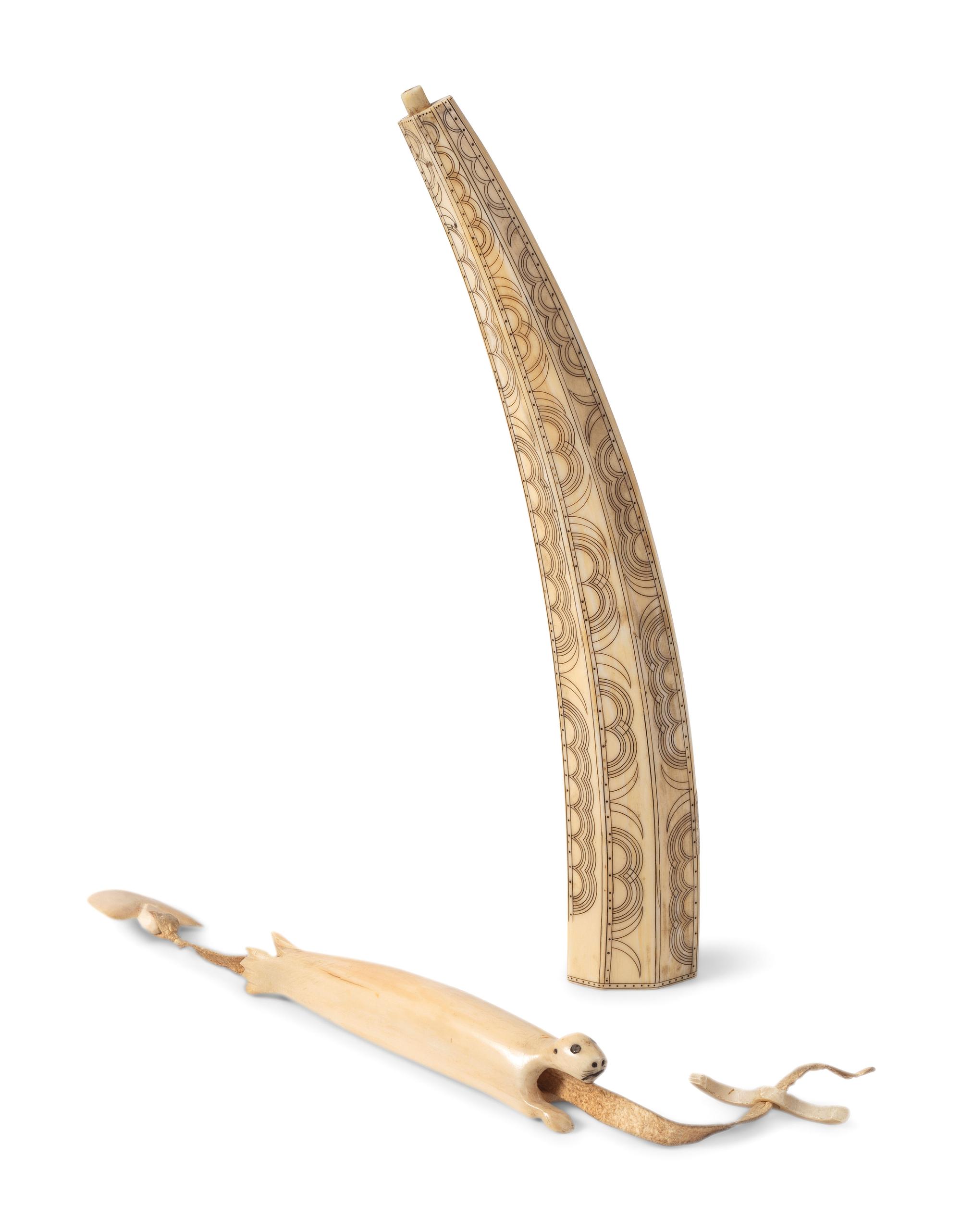 Inupiat Decorated Walrus Ivory Pipe and Sewing Kit