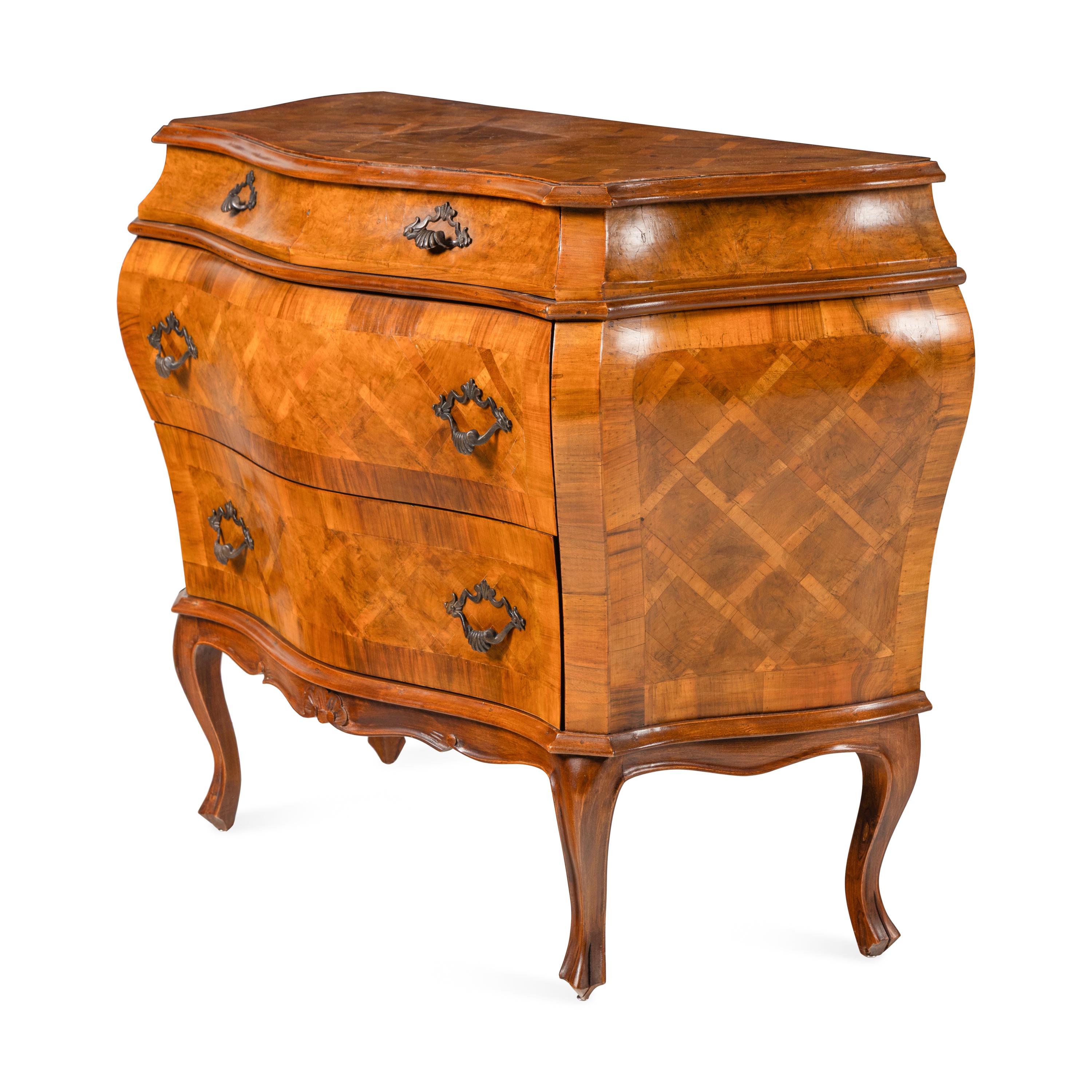 A Pair of Italian Parquetry Bombé Commodes