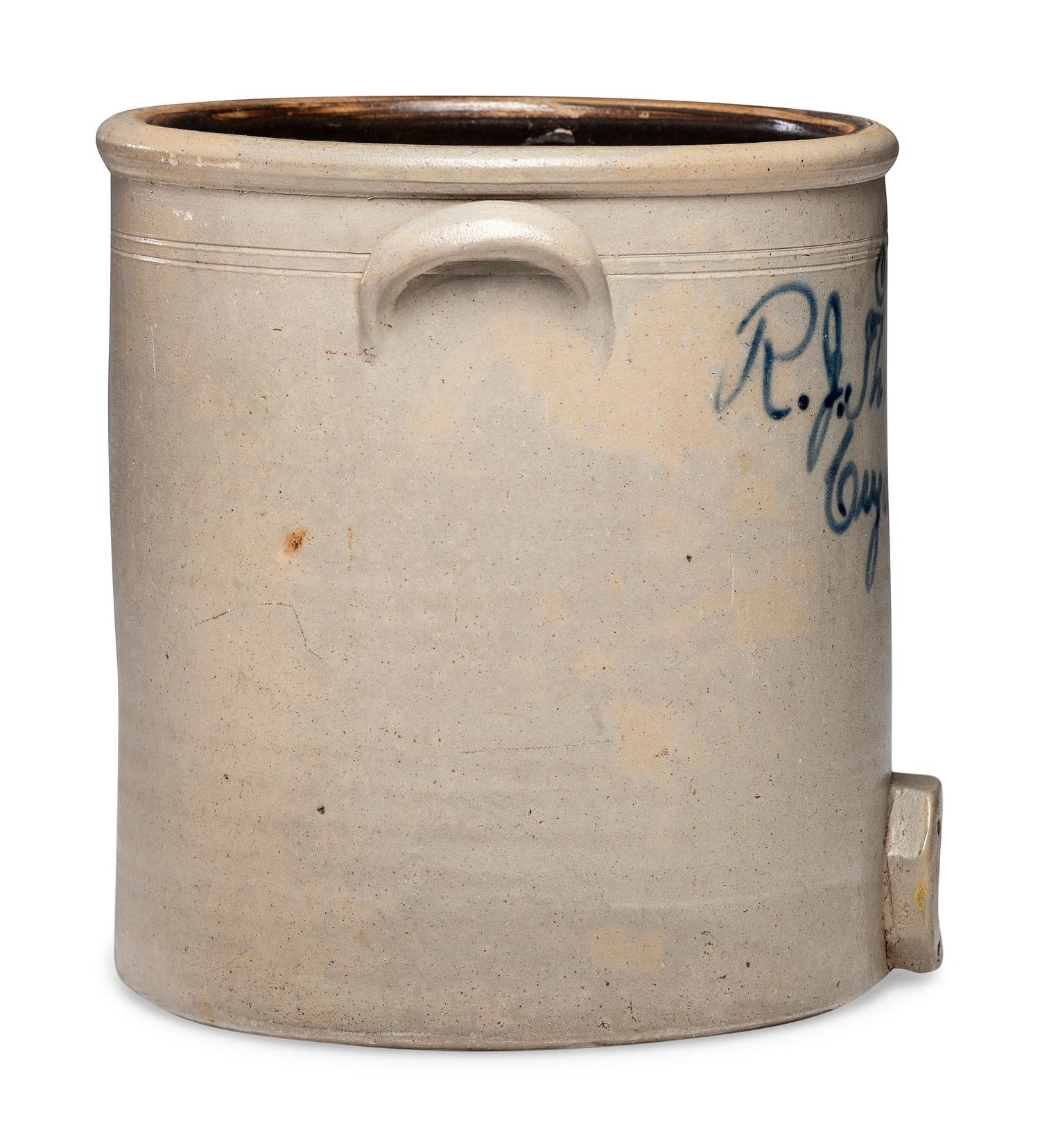 An R.J. Thomas Five-Gallon Script Stoneware Dispenser with Spigot