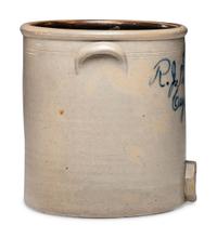 An R.J. Thomas Five-Gallon Script Stoneware Dispenser with Spigot