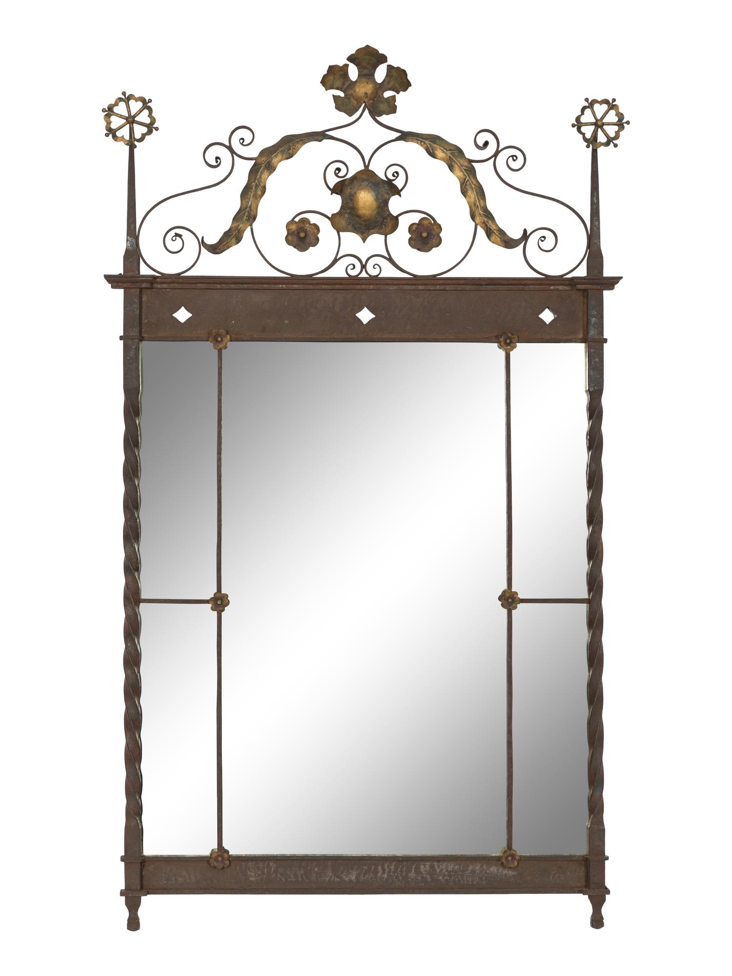 A Continental Patinated Iron and Gilt Tole Mirror