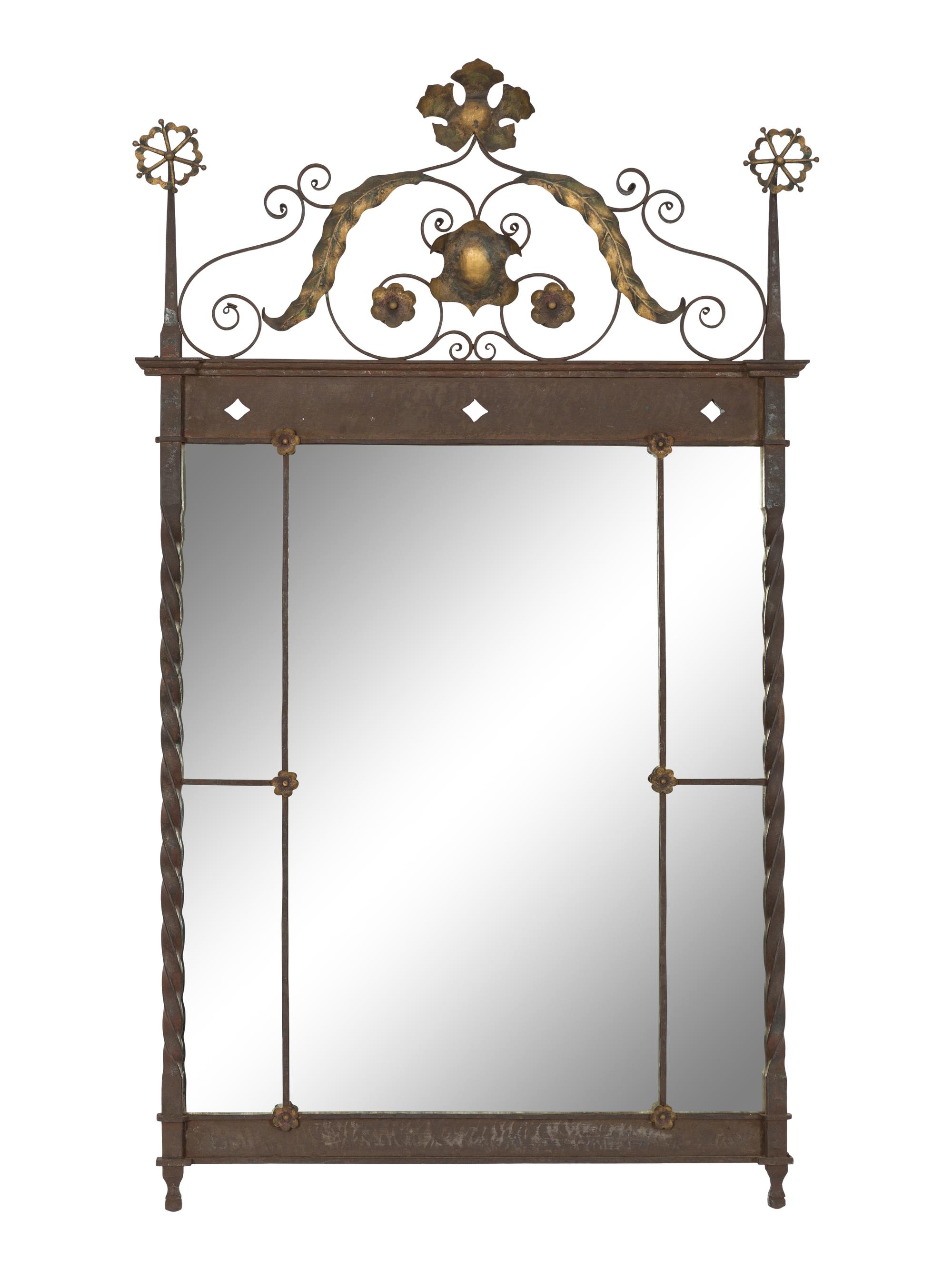 A Continental Patinated Iron and Gilt Tole Mirror