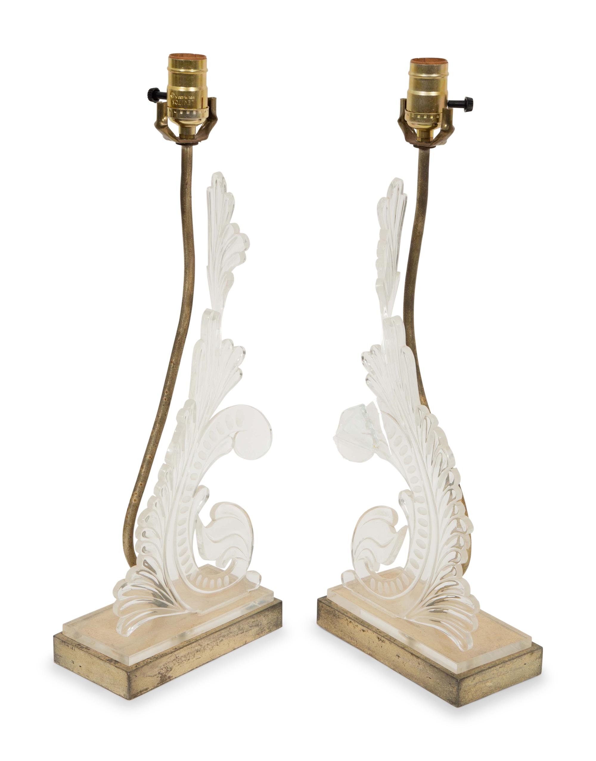 A Pair of Acrylic Foliate Scroll Table Lamps