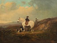Hunting Party With Two Figures, Mount And Two Dogs in an Expansive Highland Landscape
