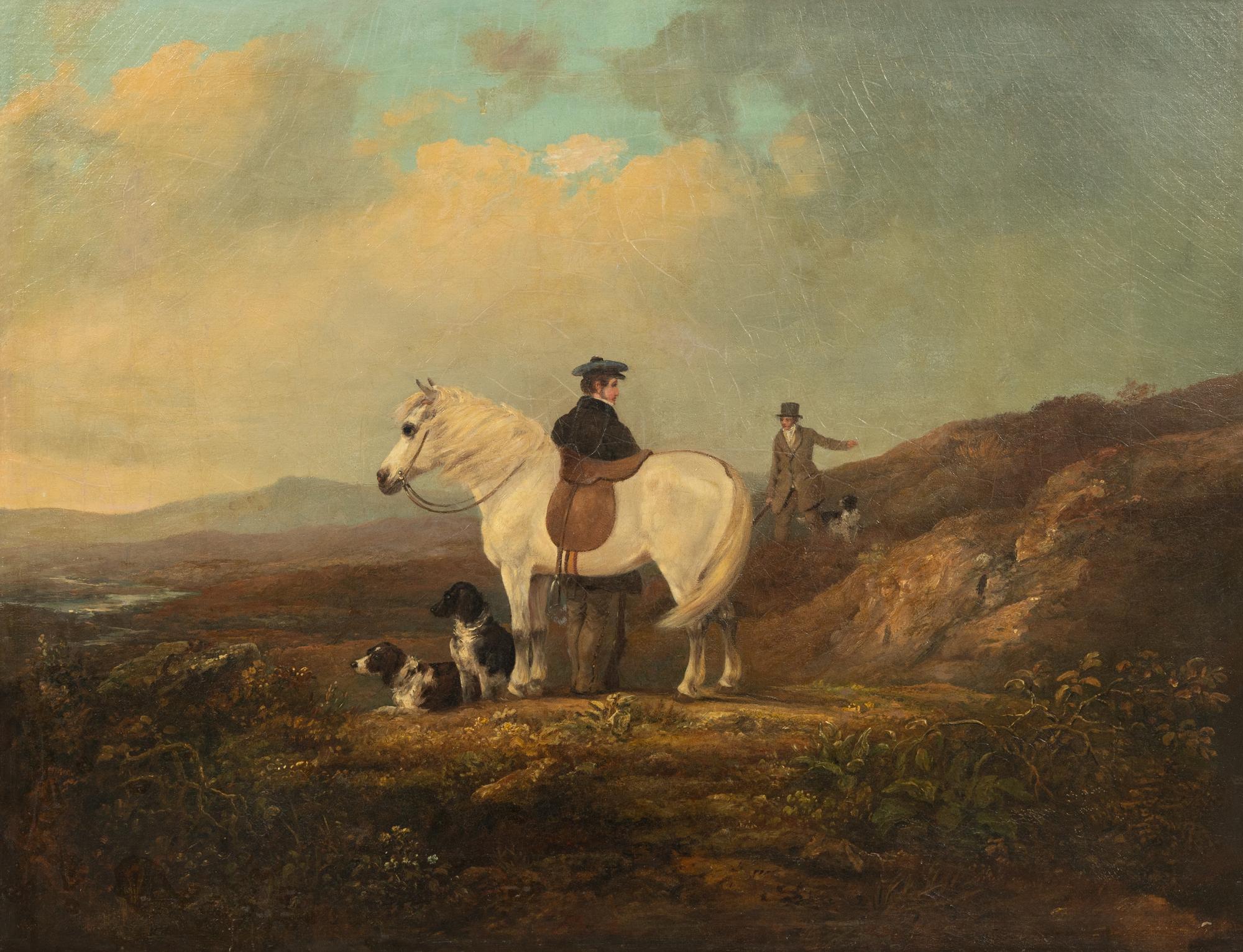 Hunting Party With Two Figures, Mount And Two Dogs in an Expansive Highland Landscape