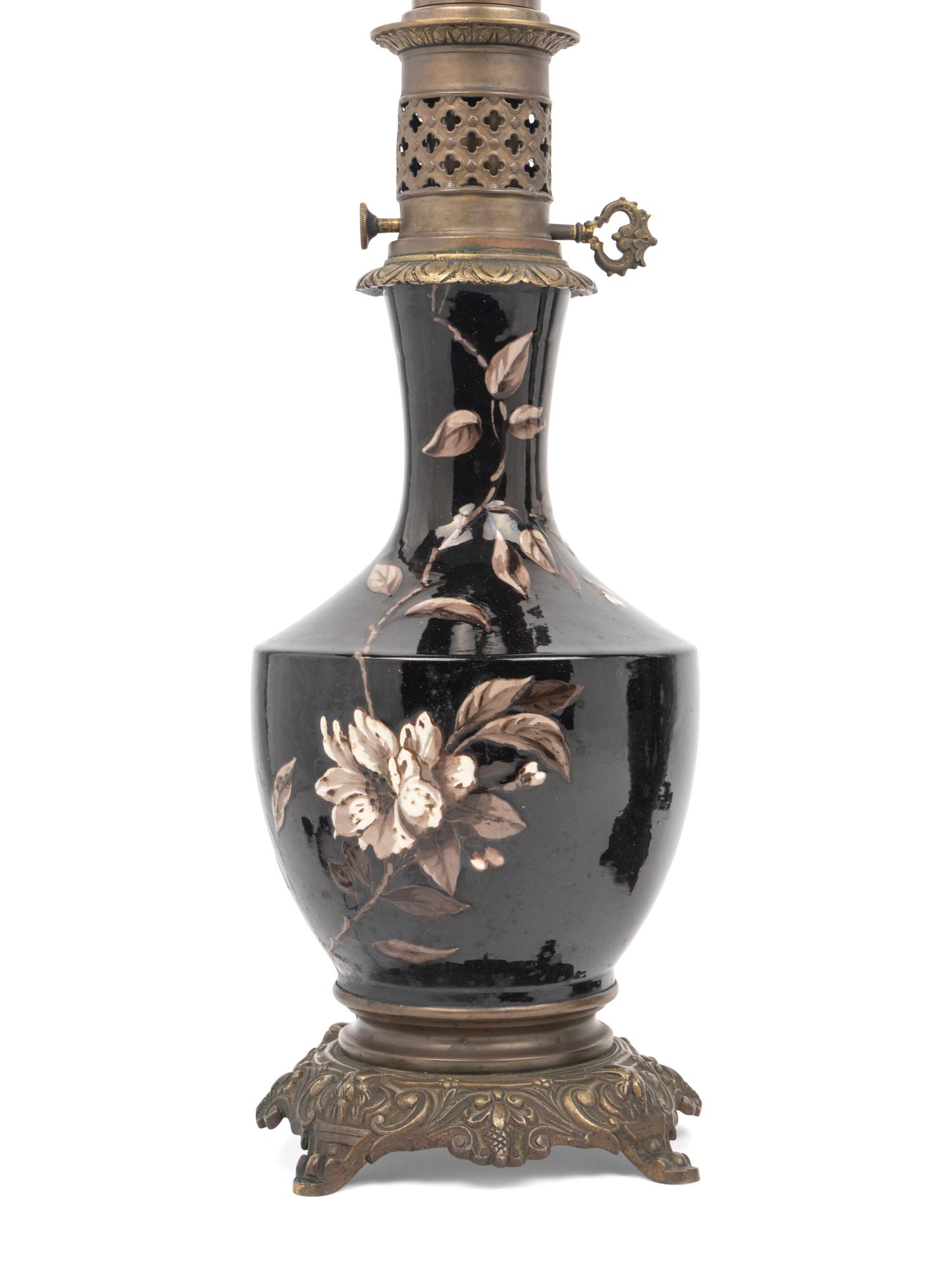 A Pair of French Enameled Porcelain Fluid Lamps Converted to Electricity
