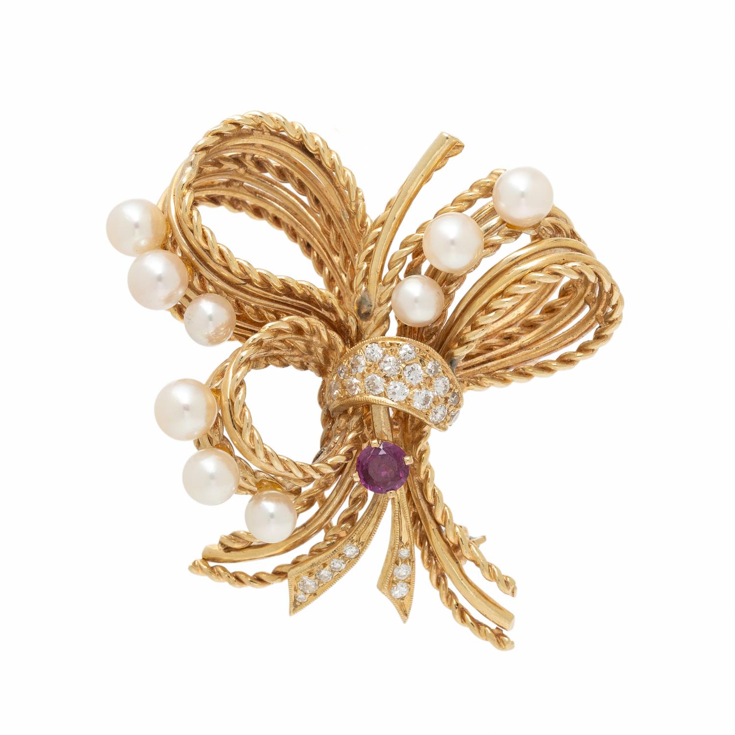 YELLOW GOLD, DIAMOND, RUBY, AND CULTURED PEARL BOW BROOCH