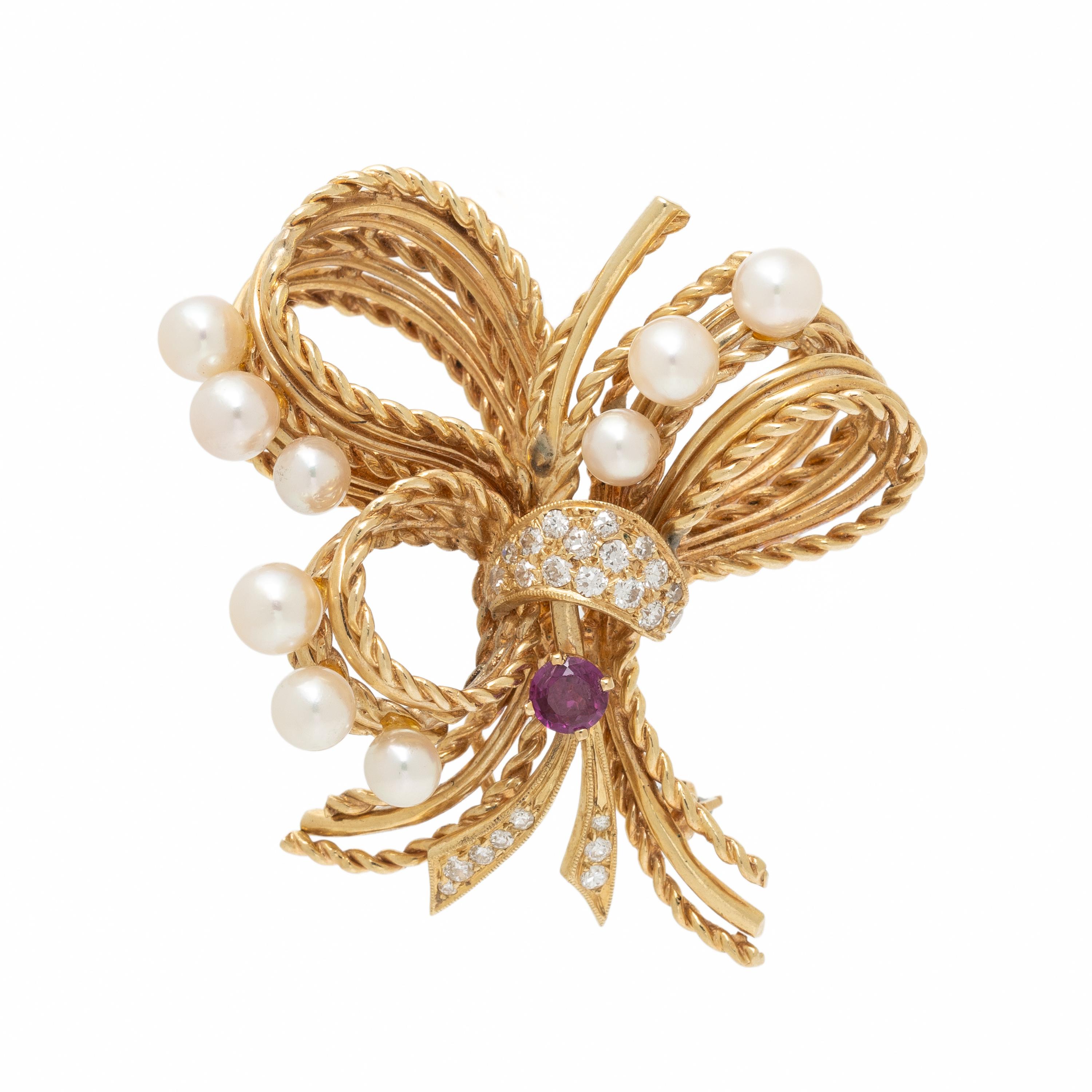 YELLOW GOLD, DIAMOND, RUBY, AND CULTURED PEARL BOW BROOCH