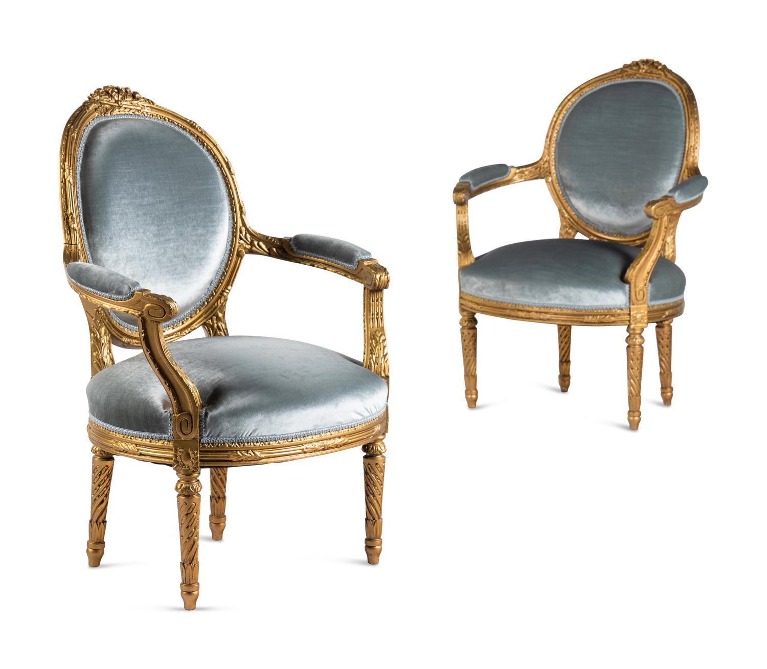 A Pair of Louis XVI Style Giltwood Fauteuils