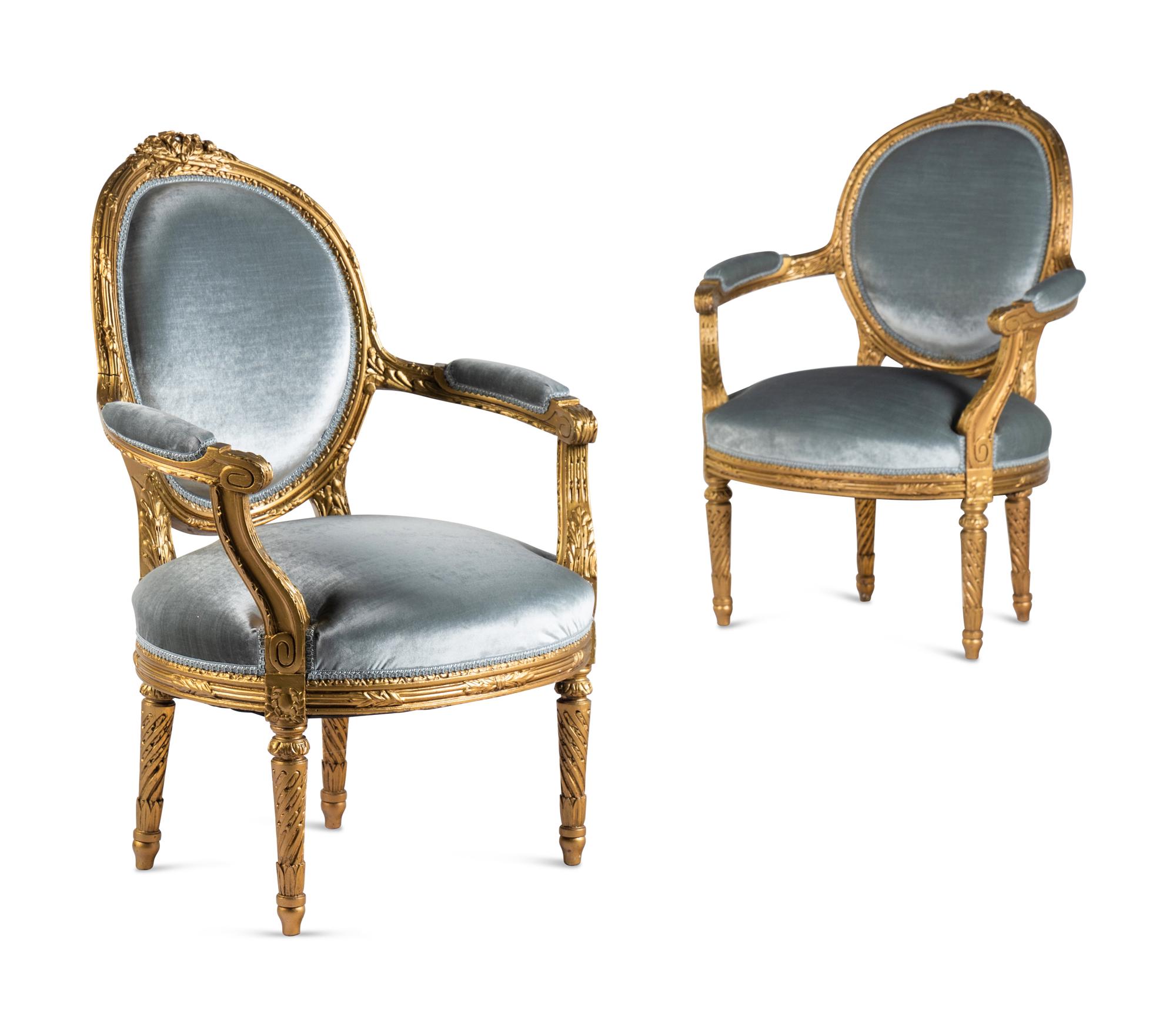A Pair of Louis XVI Style Giltwood Fauteuils