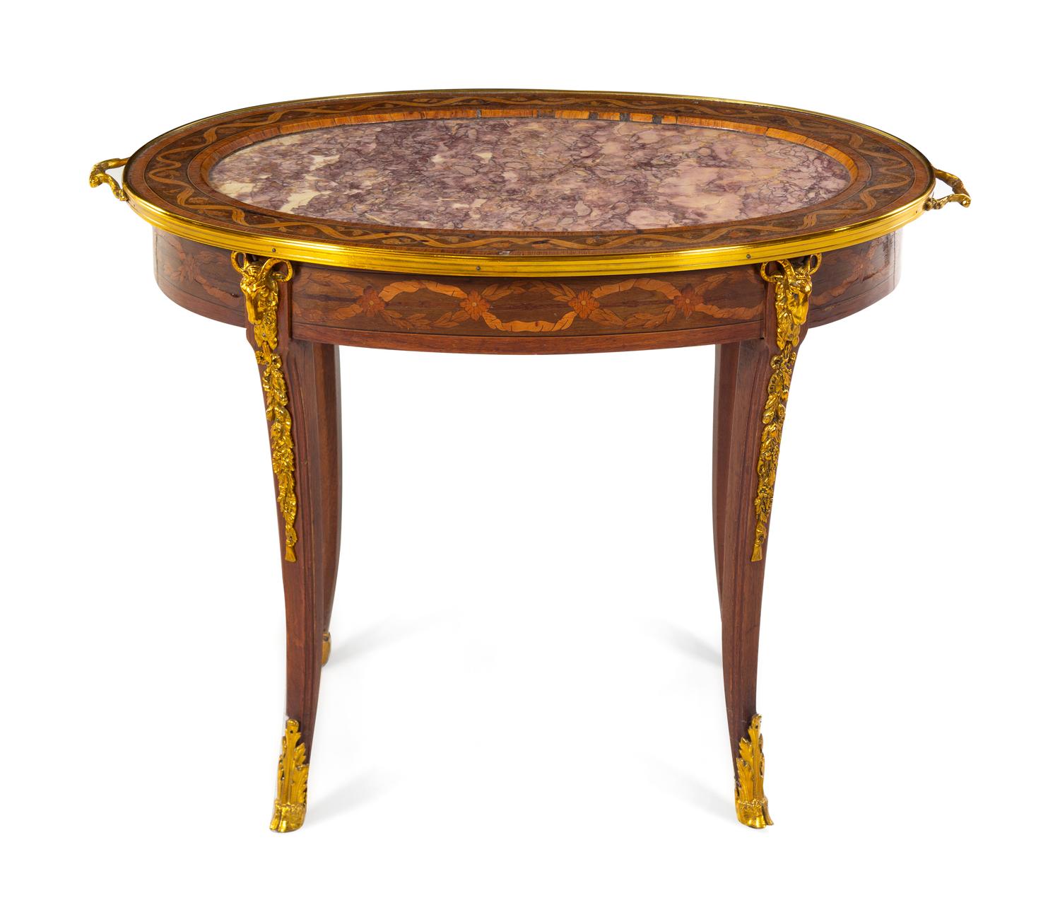 A Louis XVI Style Gilt Metal Mounted Marquetry Low Table