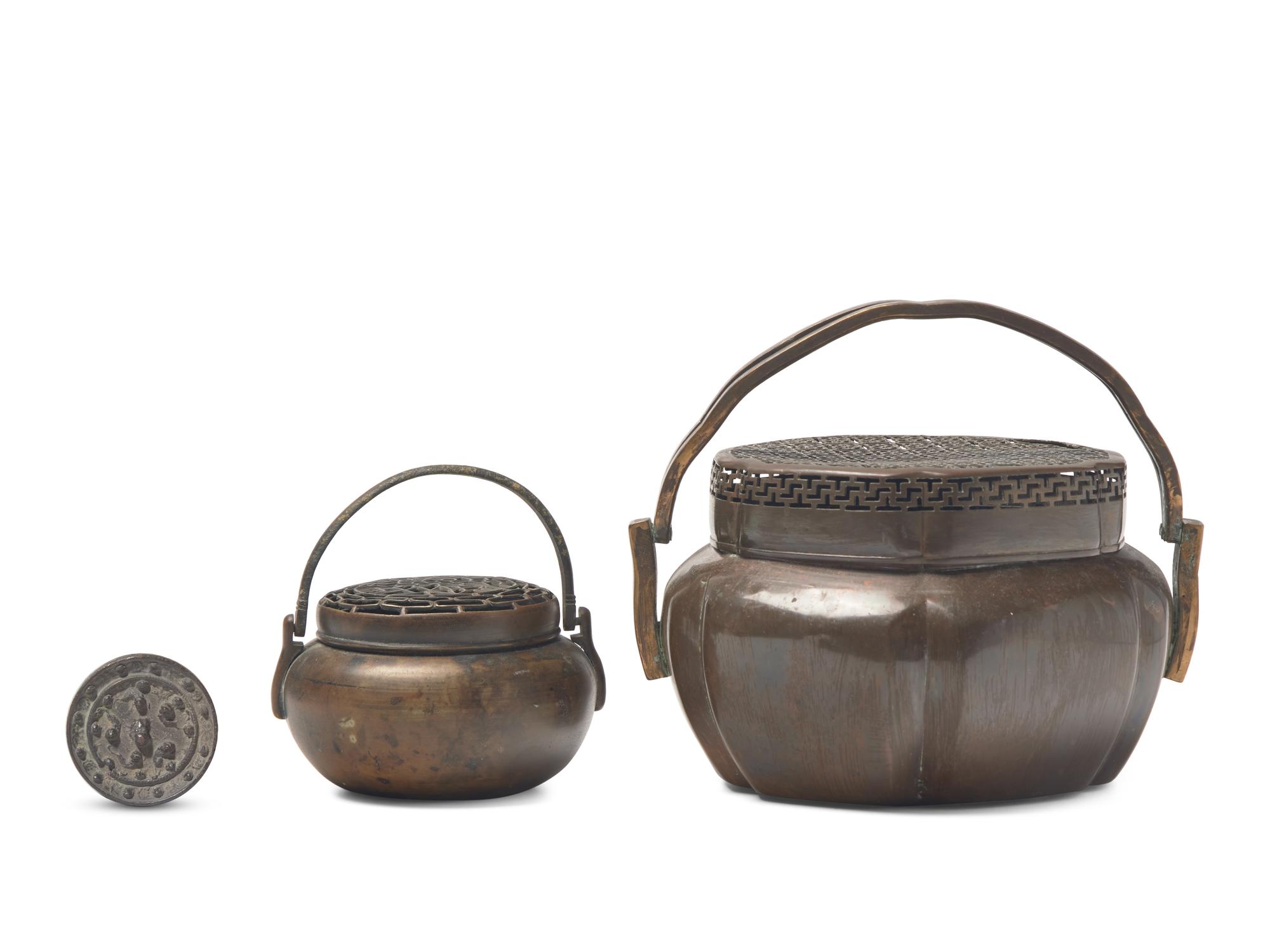 Two Chinese Copper Hand Warmers and A Small Bronze Mirror