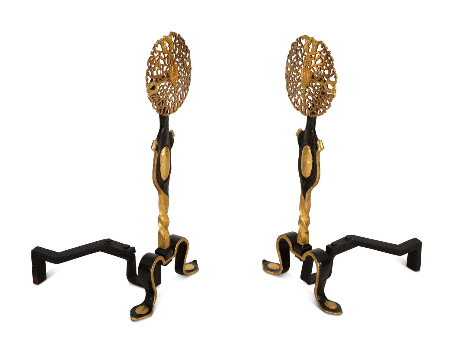 A Pair of Black and Gilt Painted Andirons — 19th/20th Century
