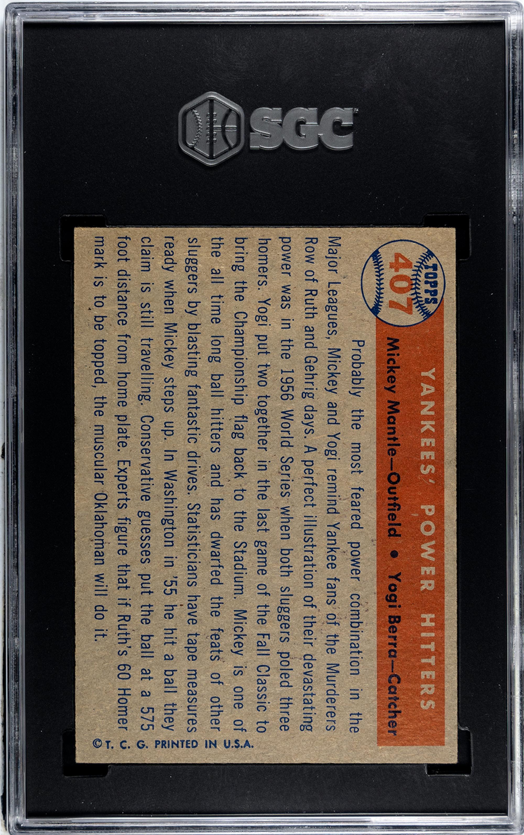 A 1957 Topps Mickey Mantle and Yogi Berra Yankees' Power Hitters Baseball Card No. 407 (SGC 6 EX/NM)