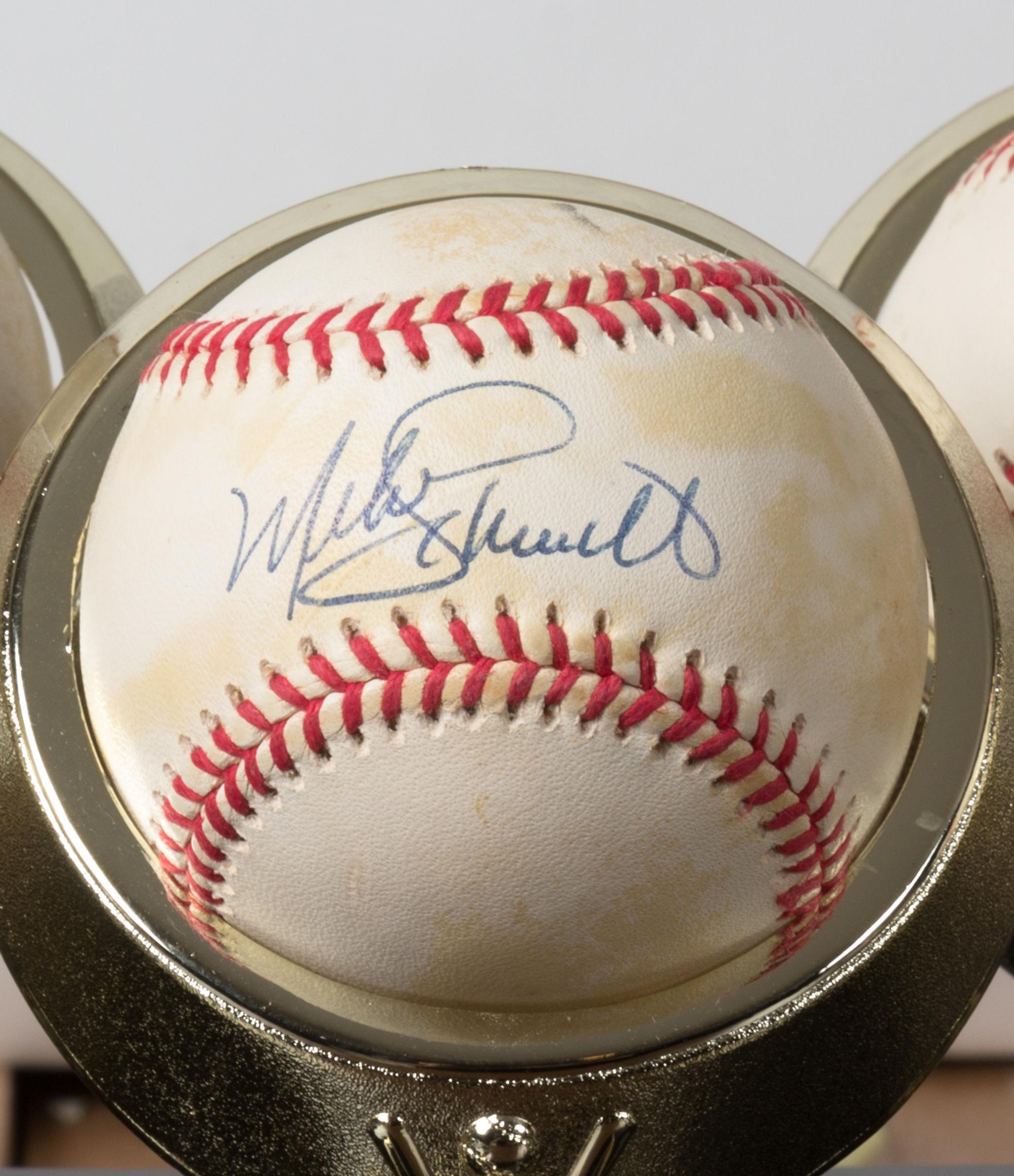 A Collection of Eleven 500 Home Run Club Autographed Baseballs Height of display case 9 inches x width 36 1/2 x depth 10 inches.