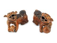 A Pair of Chinese Cold-Painted Cast Metal Models of Temple Guardians