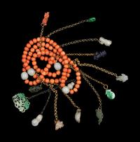 A Chinese Coral, Jade, Jadiete and Hardstone Necklace