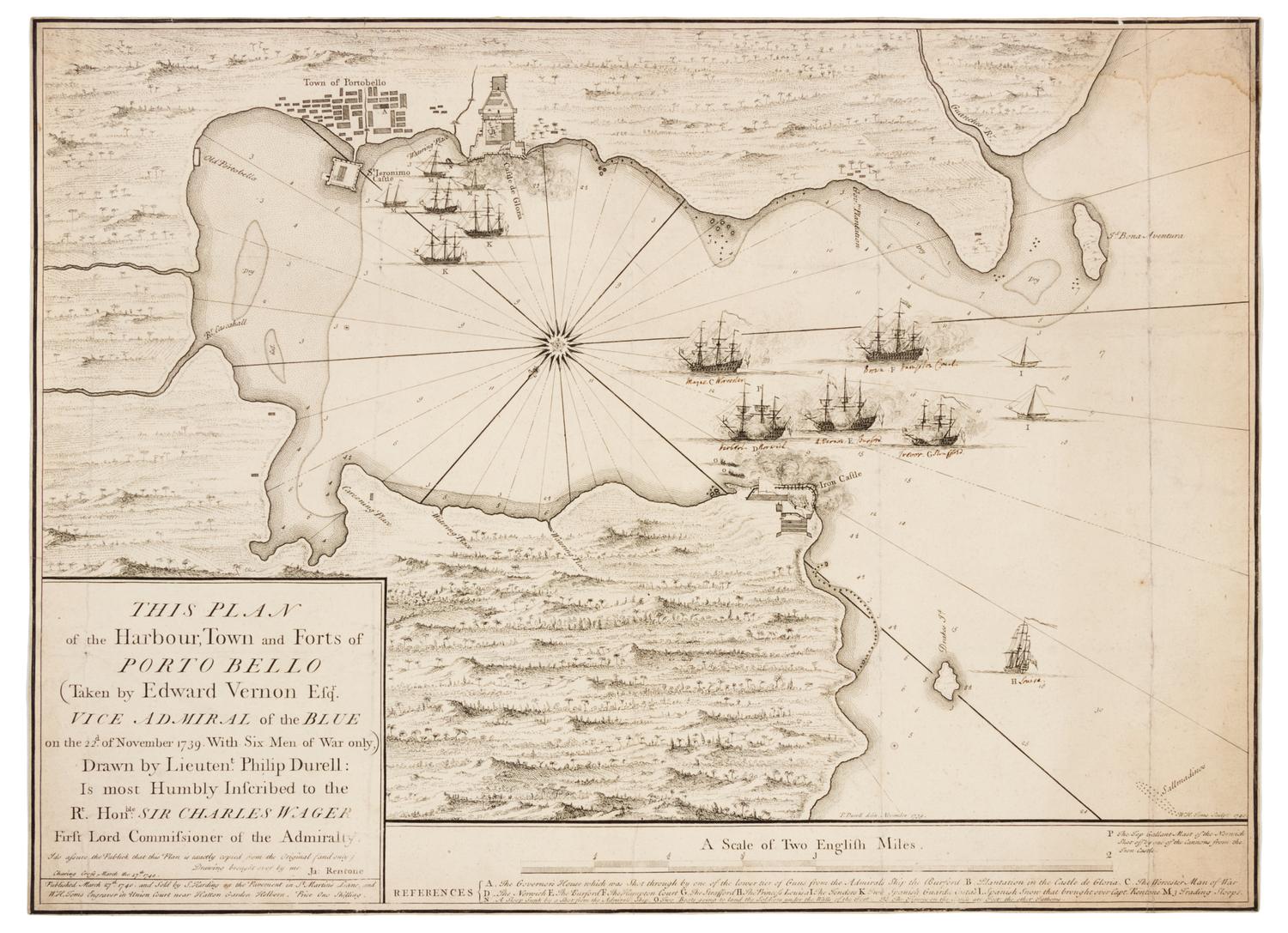 DURELL, Philip (1707-1766). This plan of the Harbour, Town and Forts of Porto Bello. London: S. Harding and W.H. Toms, 27 March 1740.