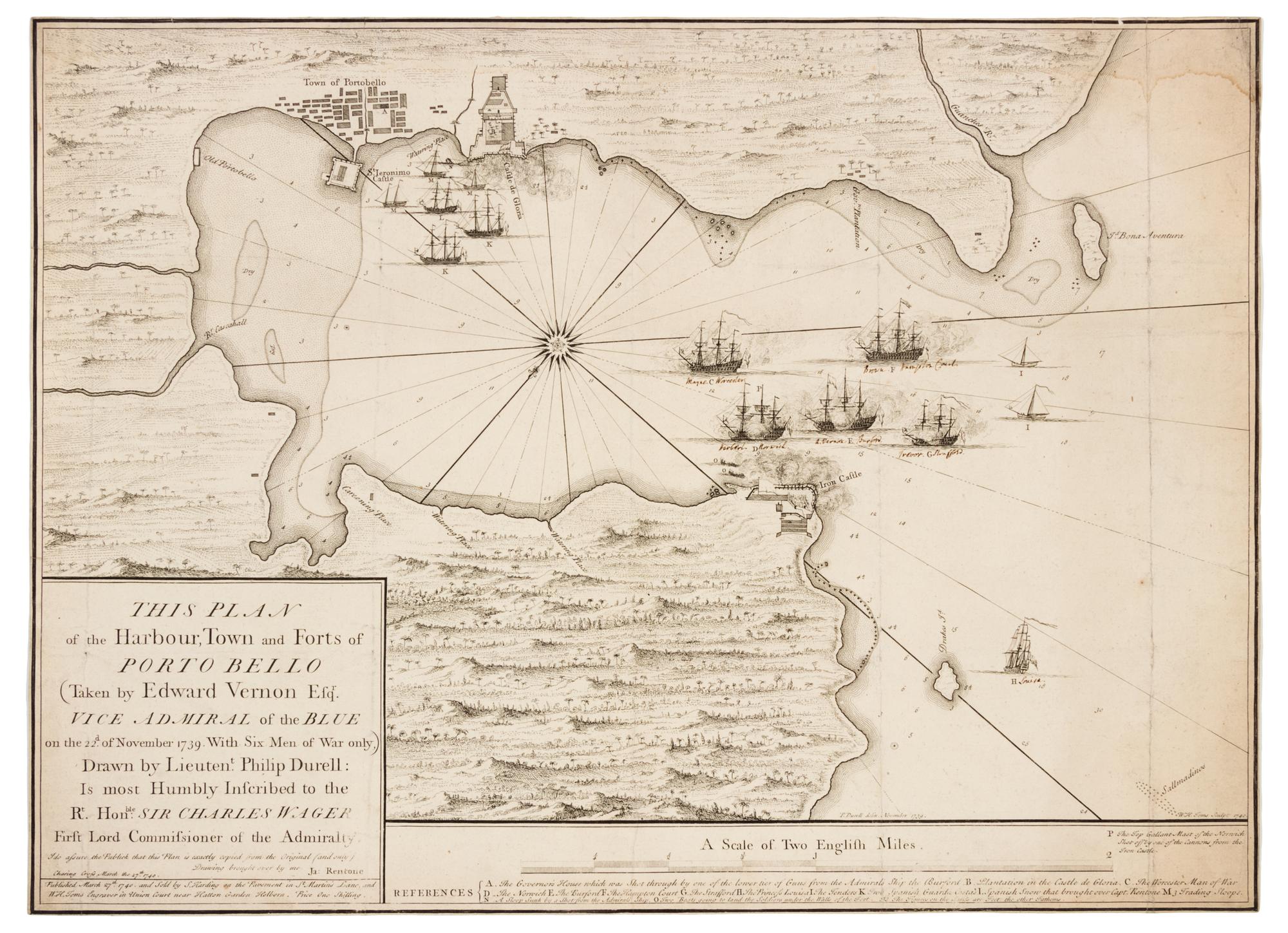 DURELL, Philip (1707-1766). This plan of the Harbour, Town and Forts of Porto Bello. London: S. Harding and W.H. Toms, 27 March 1740.