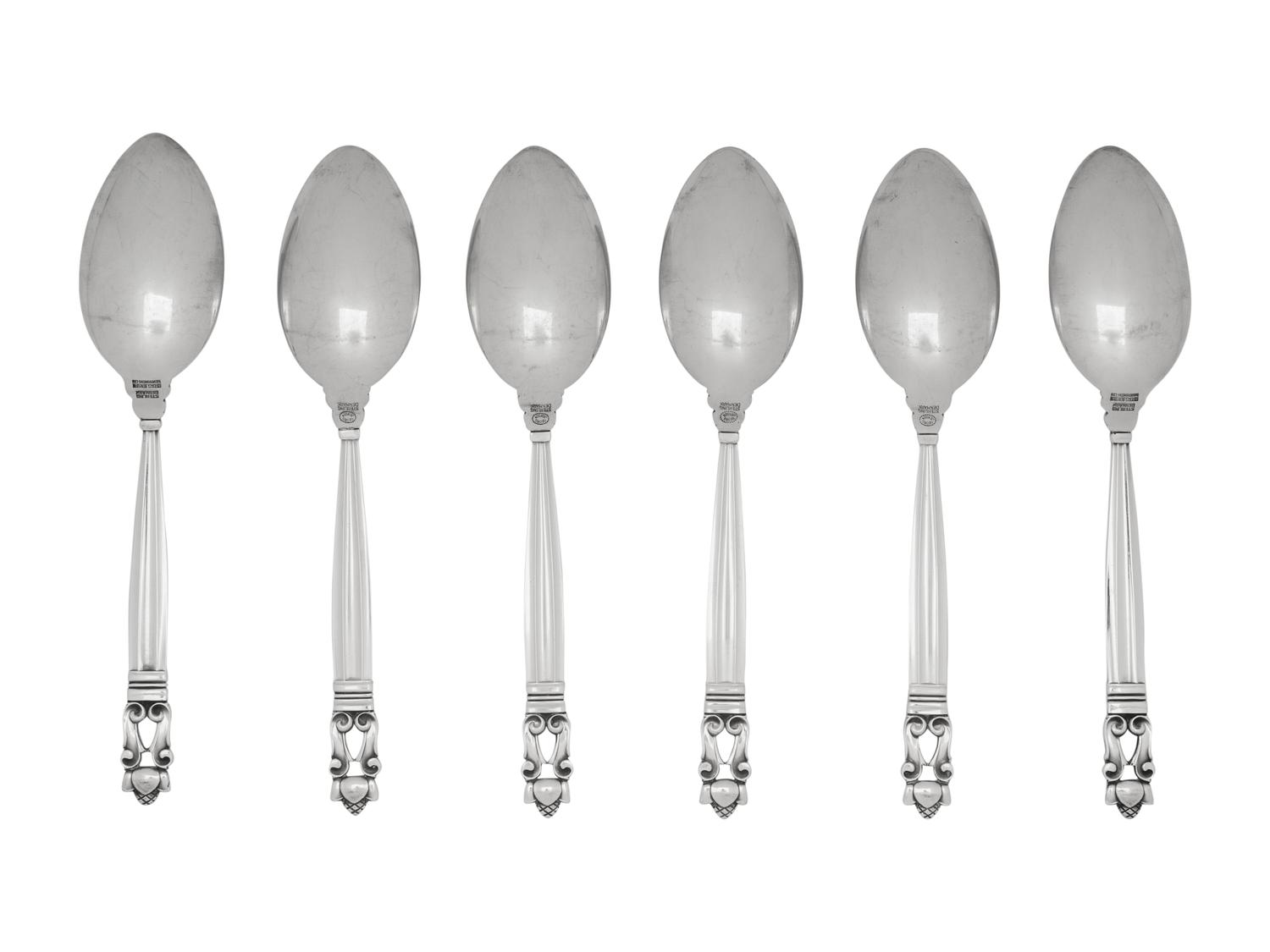A Set of Six Georg Jensen Acorn Silver Dessert Spoons
