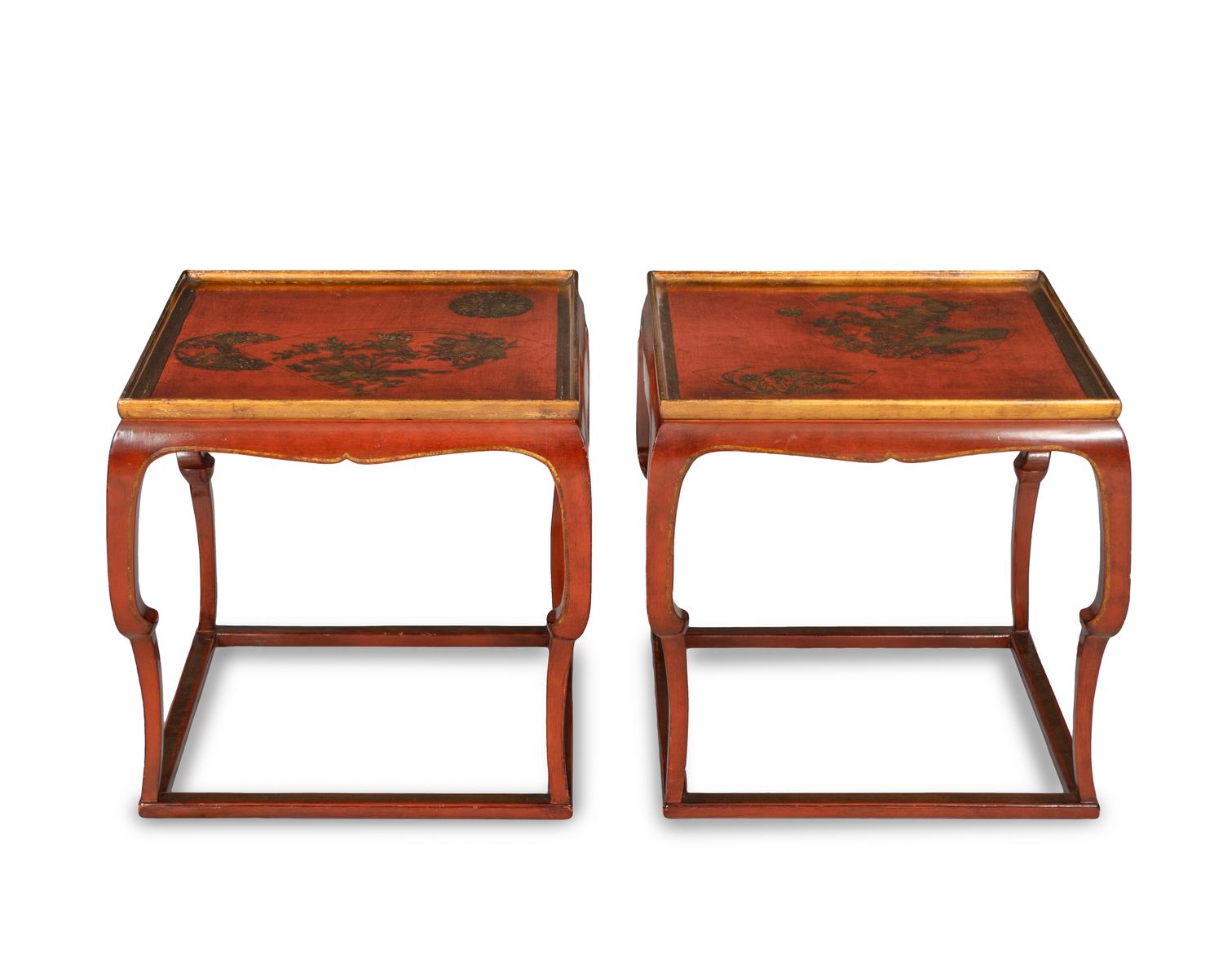 A Pair of Chinese Gilt Decorated Red Lacquer Low Tables