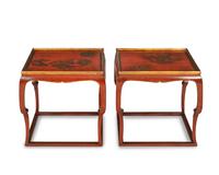 A Pair of Chinese Gilt Decorated Red Lacquer Low Tables