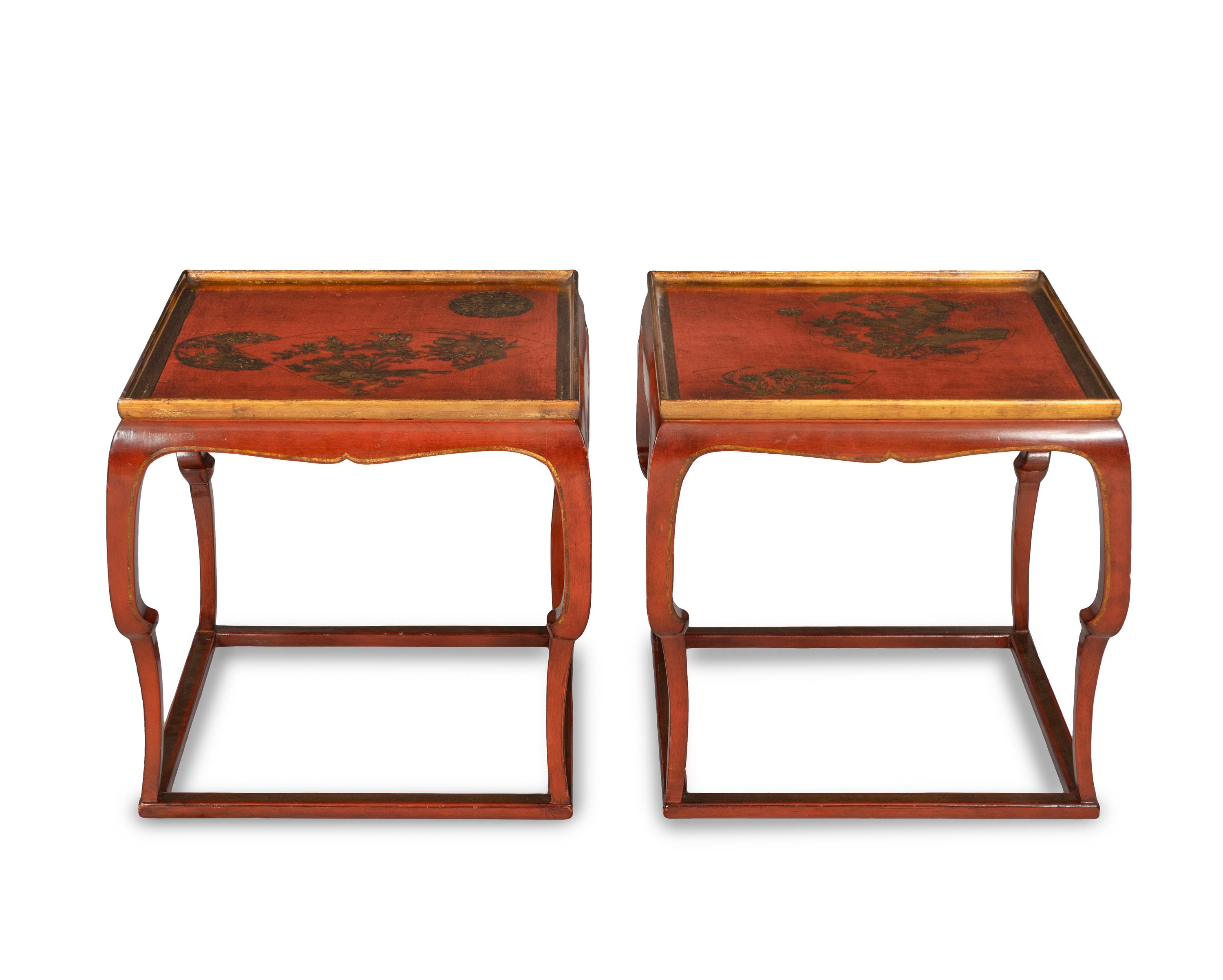 A Pair of Chinese Gilt Decorated Red Lacquer Low Tables