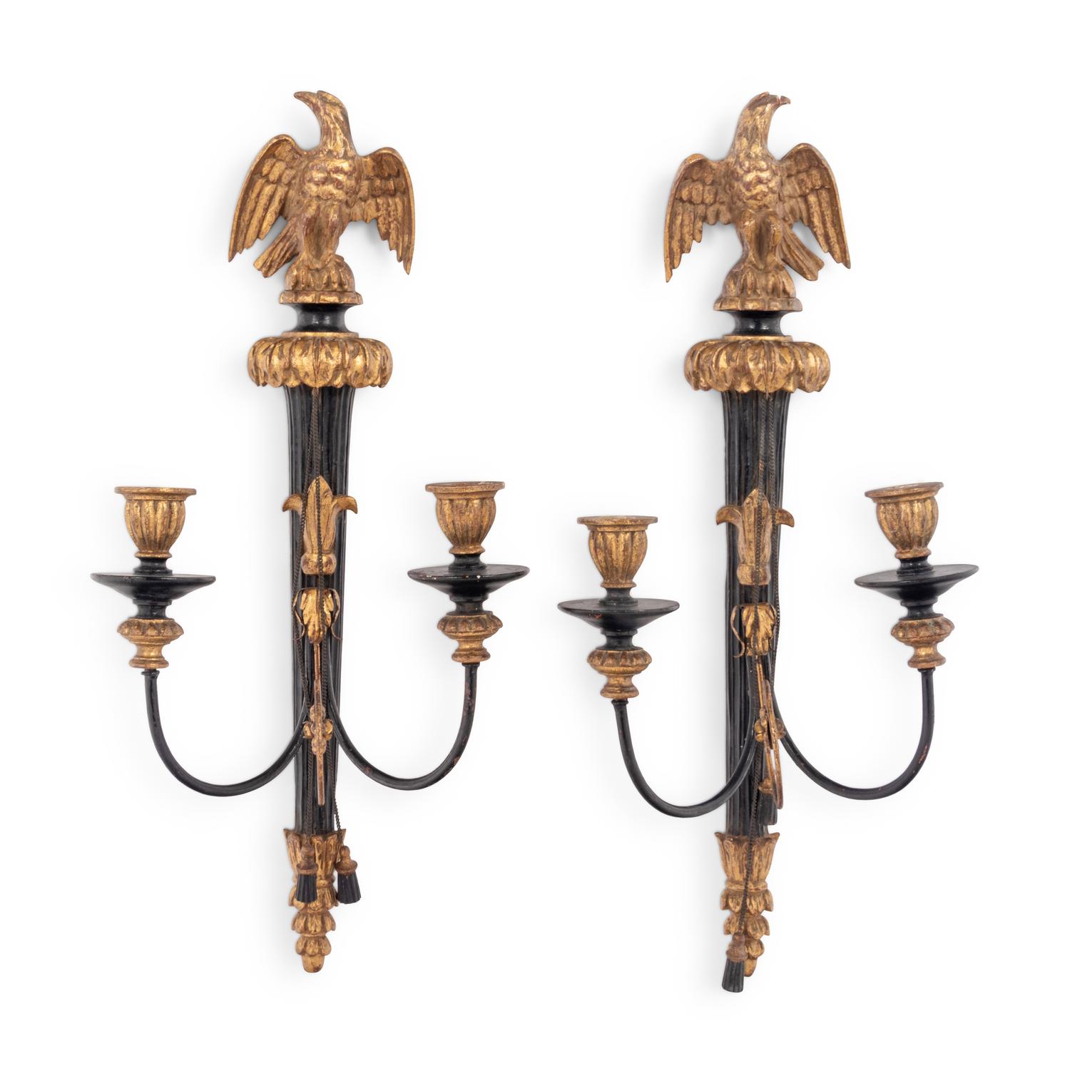 A Pair of Italian Gilt and Ebonized Wood and Tôle Two-Light Sconces