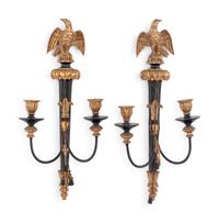 A Pair of Italian Gilt and Ebonized Wood and Tôle Two-Light Sconces
