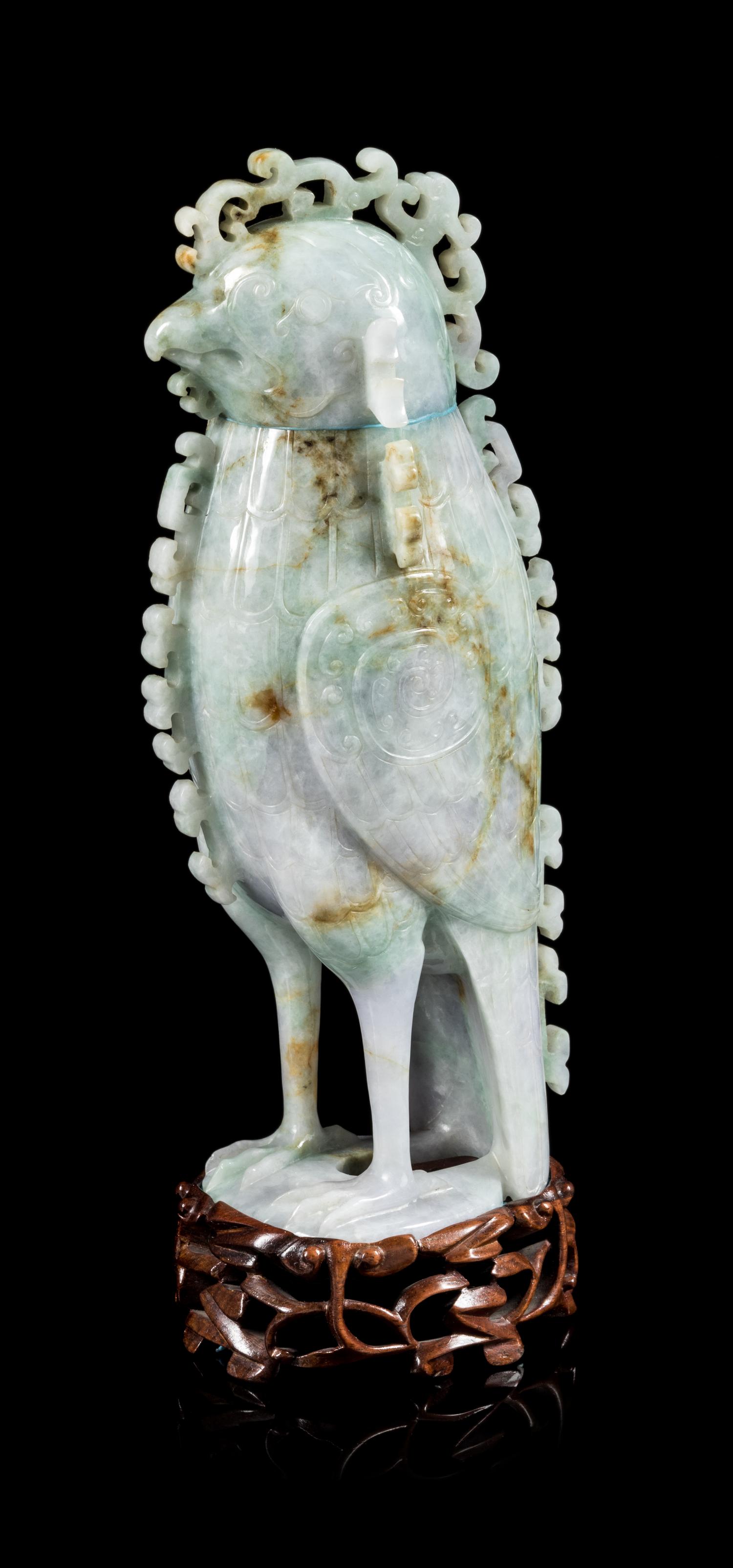 A Jadeite Phoenix-Form Covered Vessel Height 5 3/4 inches. — 20TH CENTURY