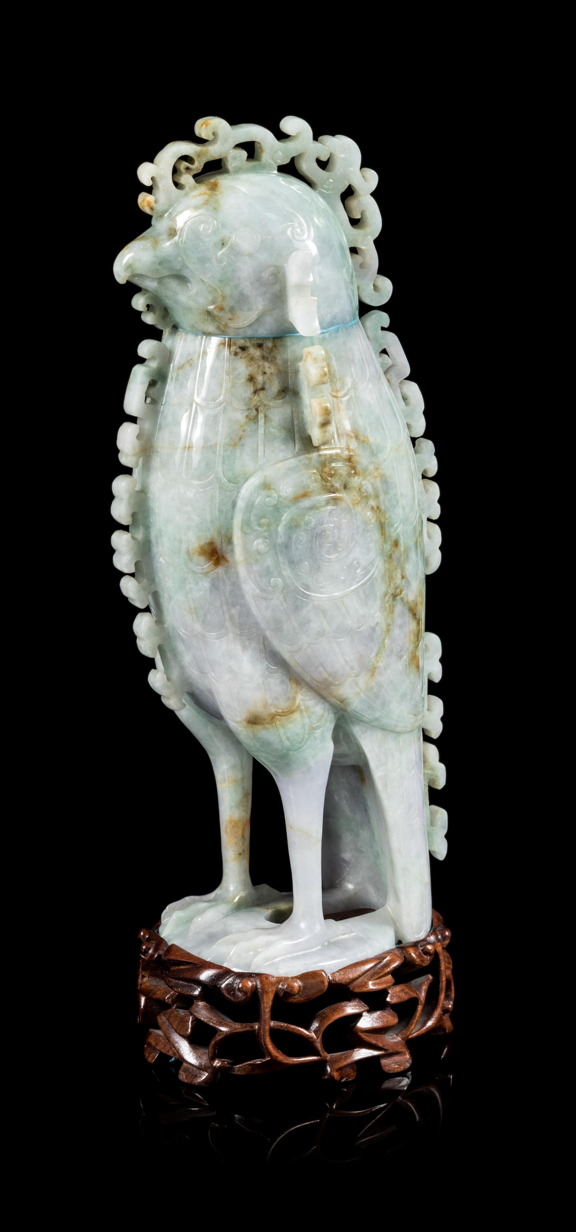 A Jadeite Phoenix-Form Covered Vessel Height 5 3/4 inches. — 20TH CENTURY