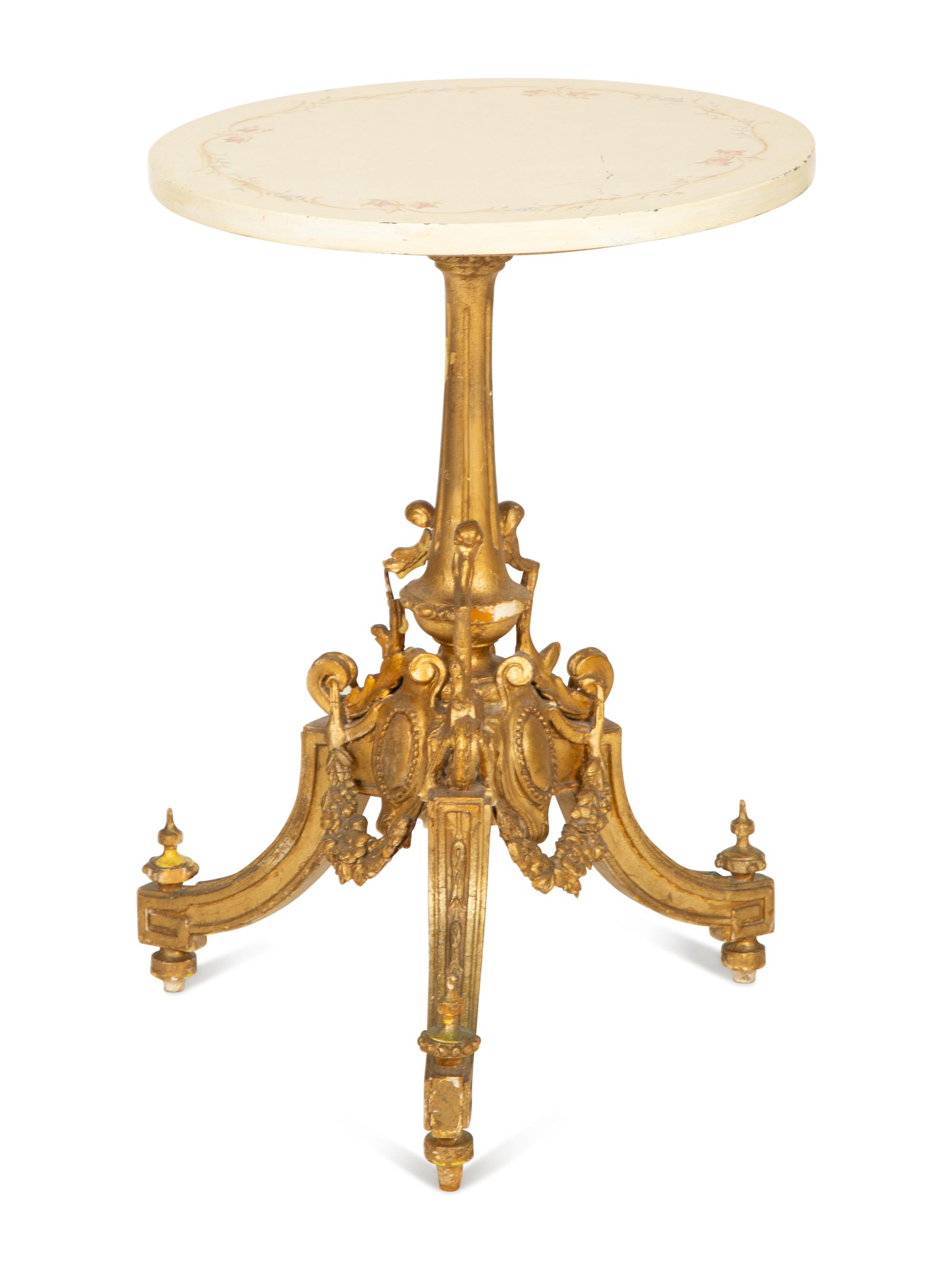 A Louis XVI Style Carved Giltwood Tripod Table Base with an Associated Top