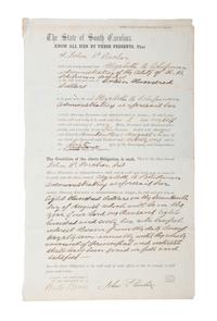 [SLAVERY & ABOLITION -- CIVIL WAR]. Partly printed bond regarding the estate of Slaveholder Herman Shipman. Charleston, SC, 17 August 1861. EARLY CONFEDERATE DOCUMENT AMENDING US PRINTED FORM.