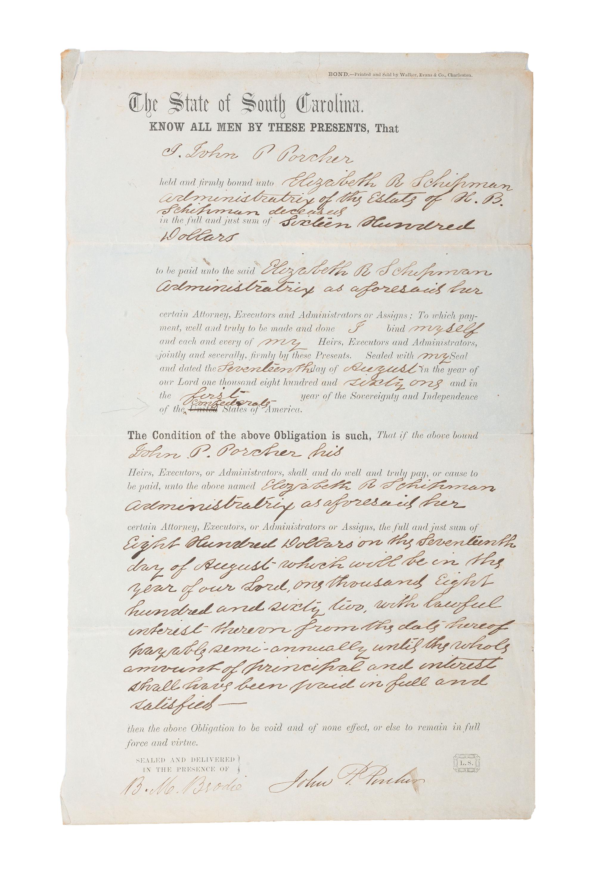 [SLAVERY & ABOLITION -- CIVIL WAR]. Partly printed bond regarding the estate of Slaveholder Herman Shipman. Charleston, SC, 17 August 1861. EARLY CONFEDERATE DOCUMENT AMENDING US PRINTED FORM.