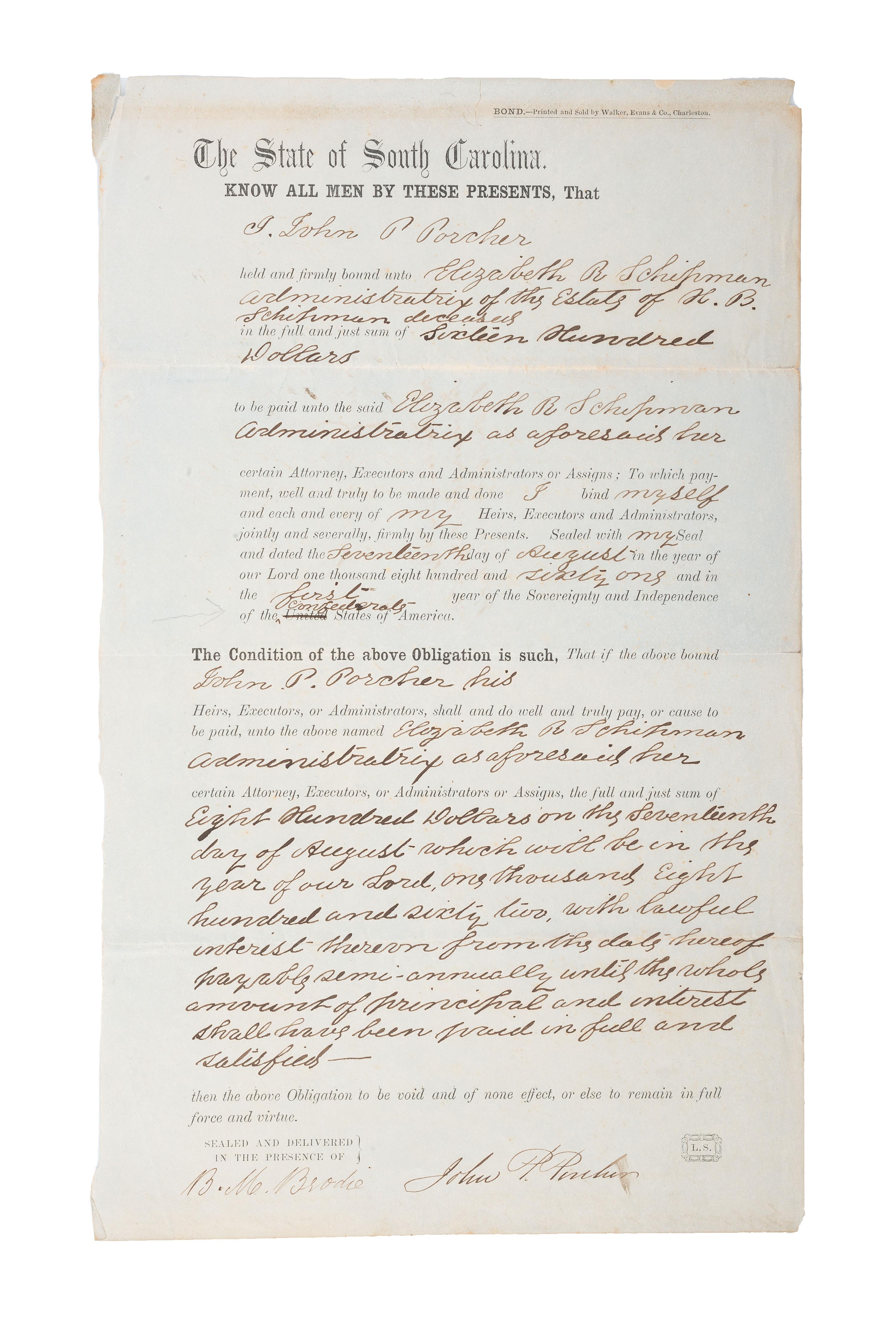 [SLAVERY & ABOLITION -- CIVIL WAR]. Partly printed bond regarding the estate of Slaveholder Herman Shipman. Charleston, SC, 17 August 1861. EARLY CONFEDERATE DOCUMENT AMENDING US PRINTED FORM.