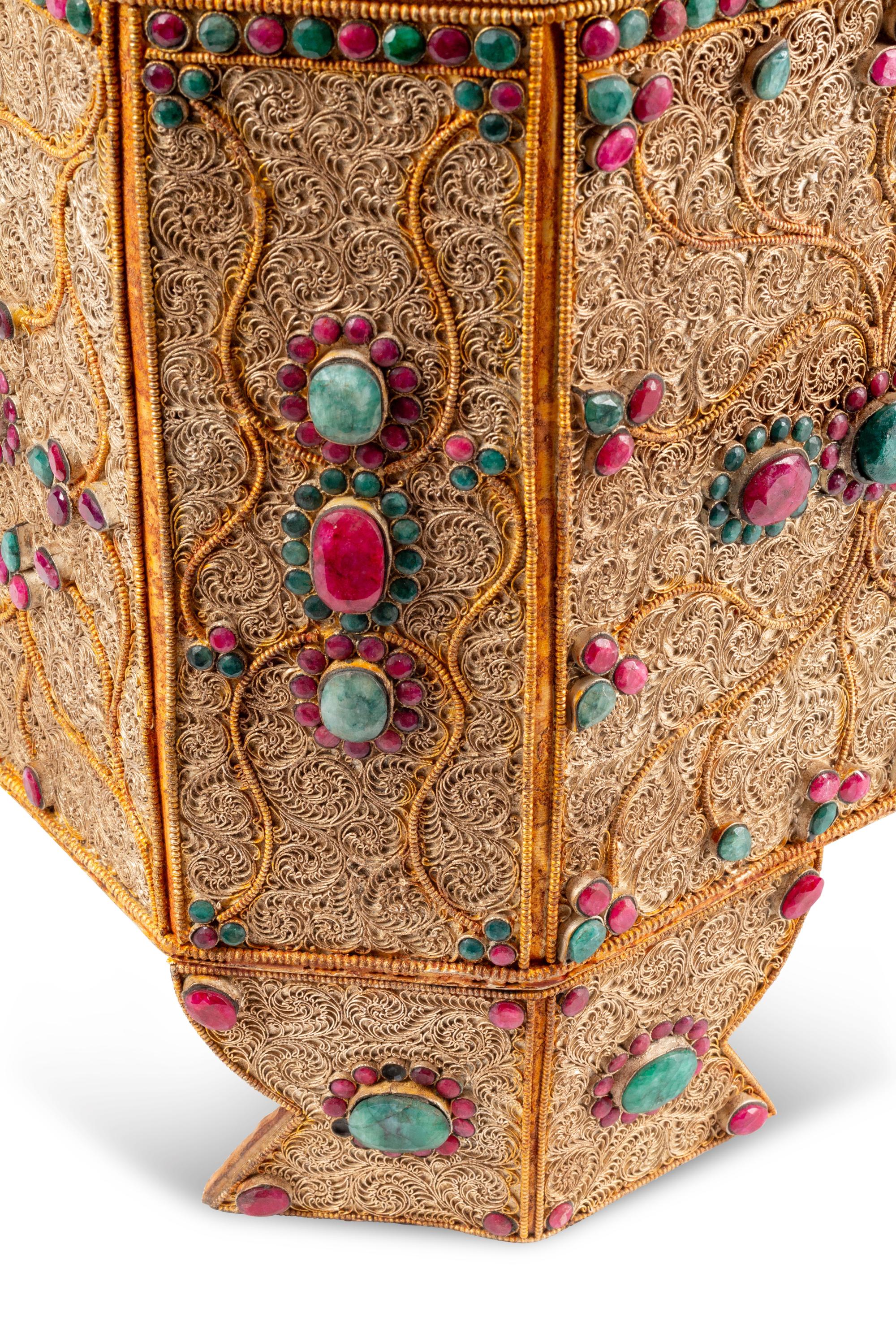 A Ruby and Emerald-Mounted Silvered and Gilt Filigree Table Casket