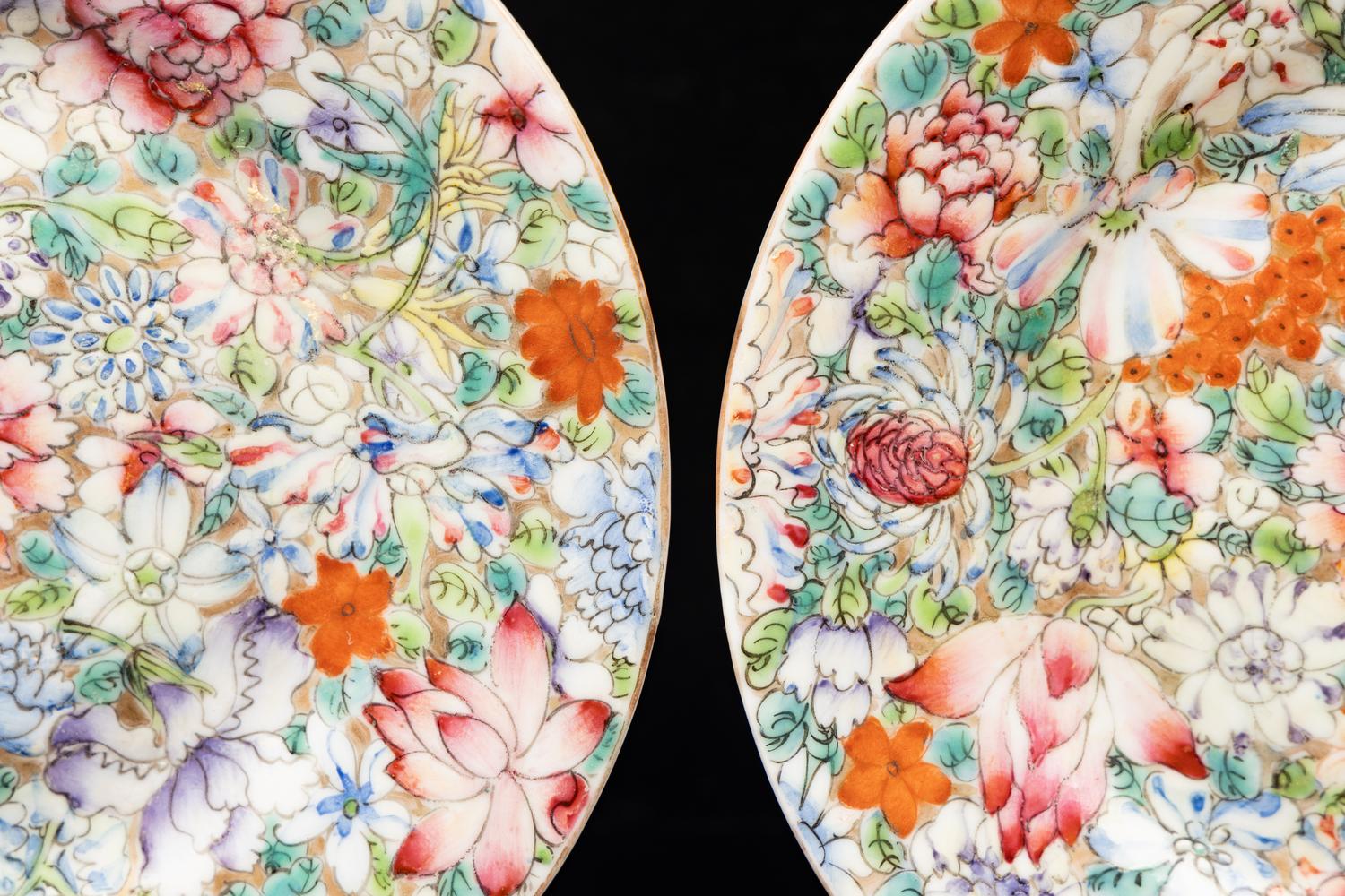 A Pair of Chinese Famille Rose 'Millefleur' Porcelain Plates