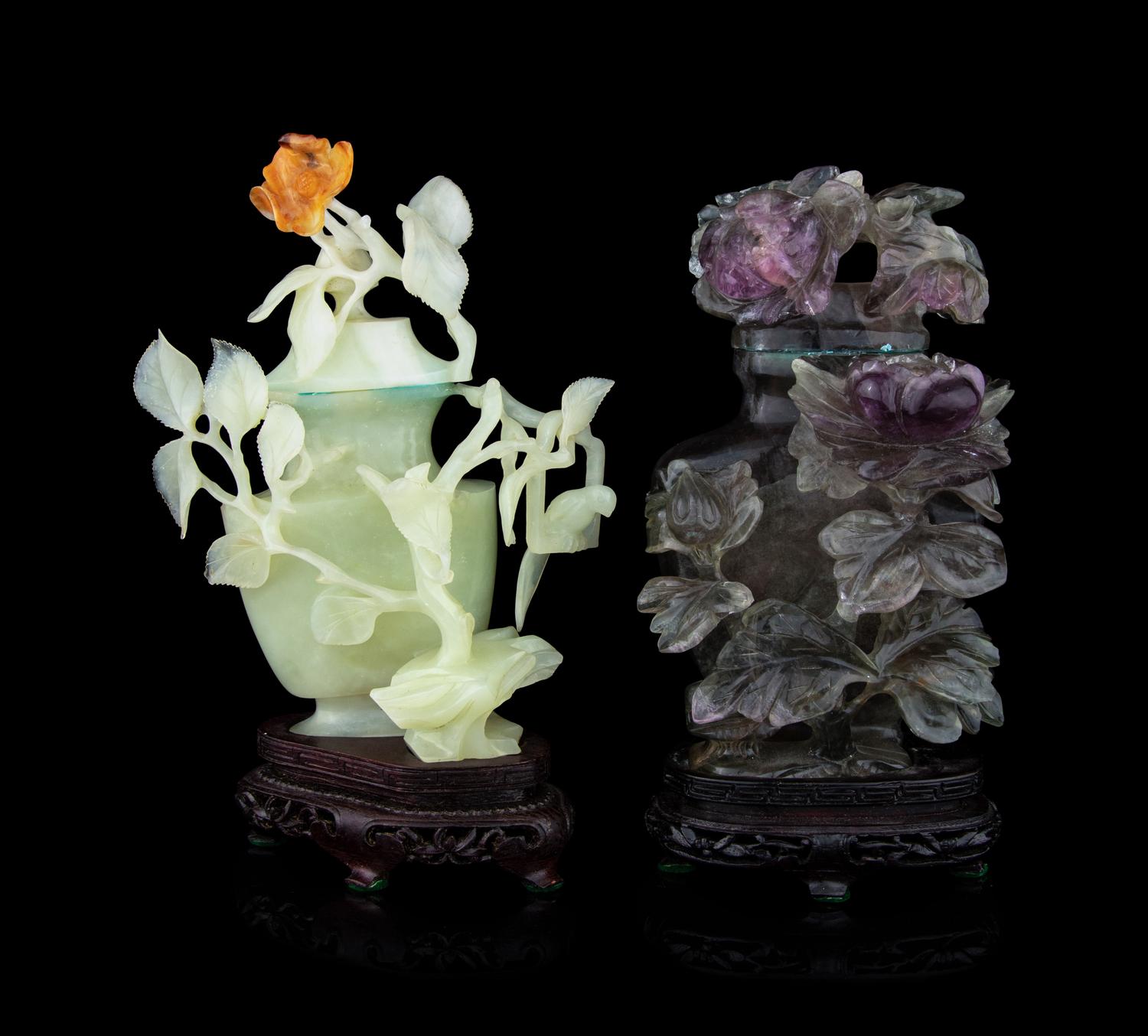 Two Chinese Jade and Hardstone Flower Vases and Covers